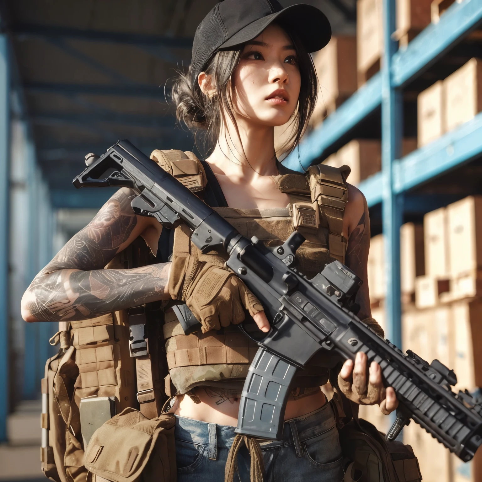 Japanese women in the US military、Holding an automatic rifle and looking nervous、bulletproof vest、Backpack、Detailed depiction of the Hulk holding an automatic rifle in a post-apocalyptic setting. Notice Hulk&#39;s realistic skin texture。, Capture every subtle detail. The scene should be grainy, Debris and impurities are scattered around. Colors must be vibrant, In contrast to the desolate background. lighting must be intense, Cast dramatic shadows and highlights on the Hulk and his surrounding environment. Images should be of the highest quality, High resolution and photorealistic rendering.tattoo