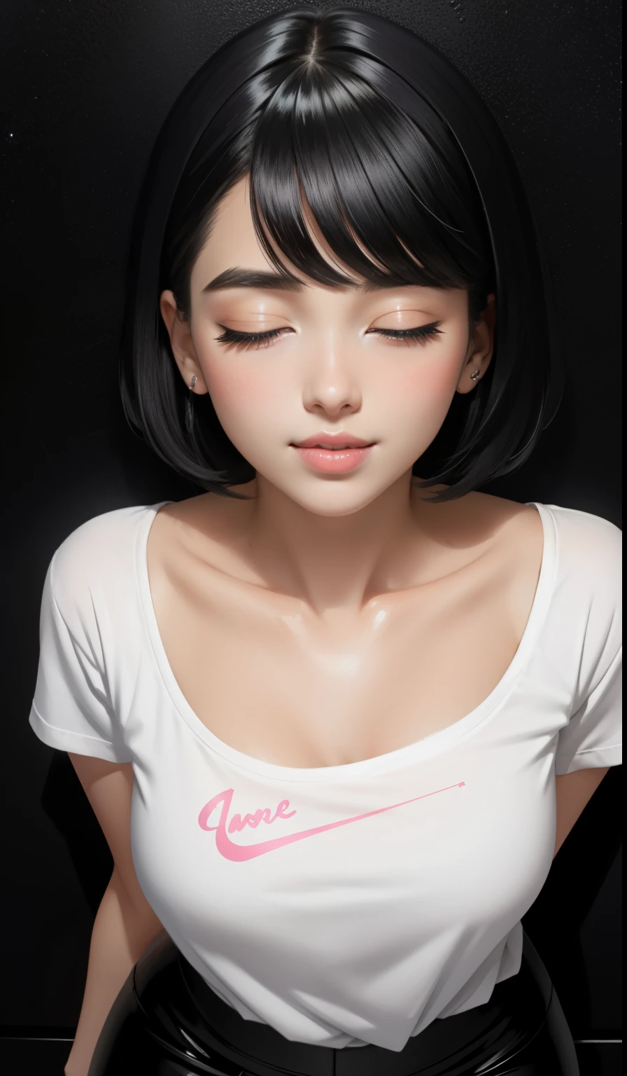 Sexy and cute woman, short black hair, bob style, plump face, seductive blue eyes, medium nose, deep pink blush, glossy red lips smiling, long neck, visible collarbone, white t shirt with black graphics tucked into shiny black pants, pinned against a wooden wall, natural lighting, intimate moment