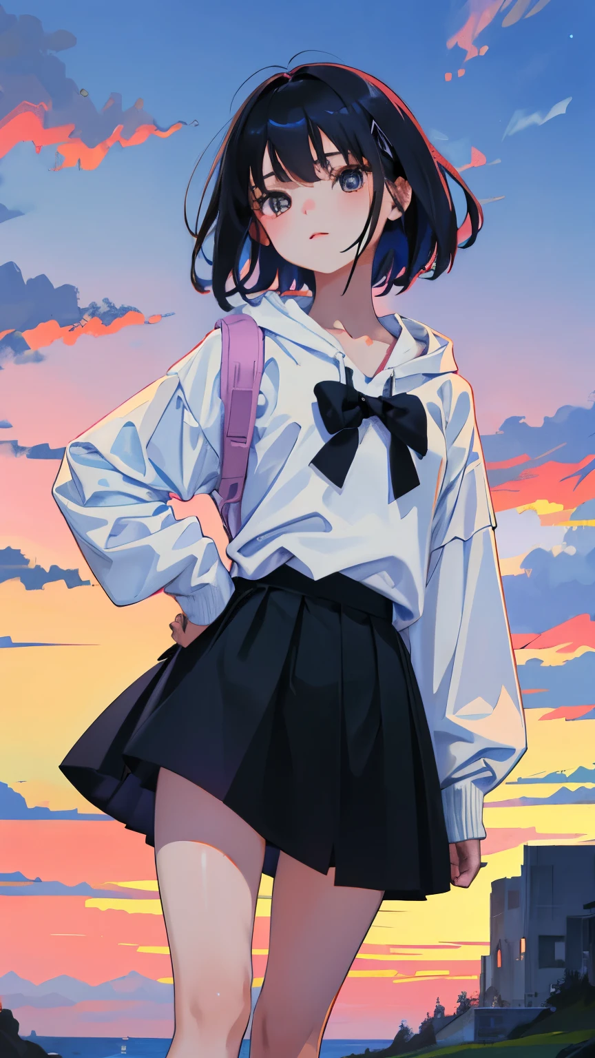 (short cute girl, young studeg delicate girl),(masterpiece,Top quality),Pastel hoodies,skirt,long black hair, sea of trees