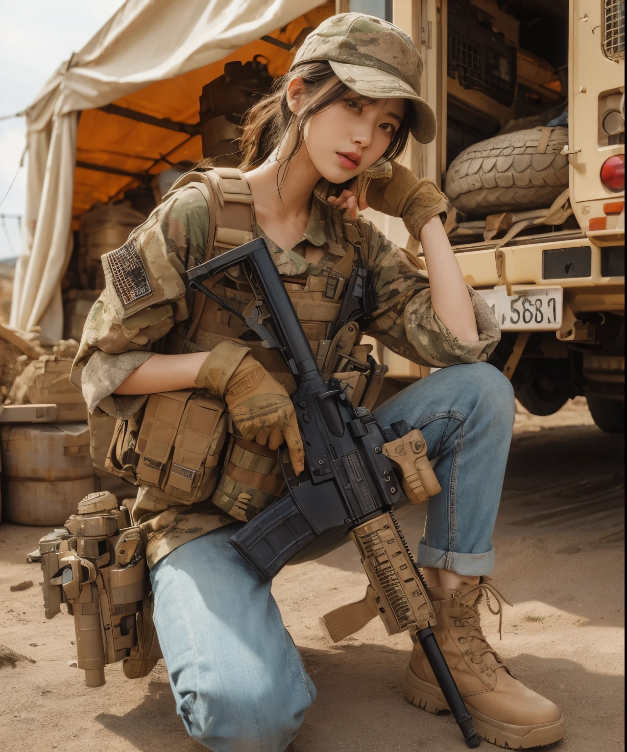 Japanese women in the US military、Holding an automatic rifle and looking nervous、bulletproof vest、Backpack、Detailed depiction of the Hulk holding an automatic rifle in a post-apocalyptic setting. Notice Hulk&#39;s realistic skin texture。, Capture every subtle detail. The scene should be grainy, Debris and impurities are scattered around. Colors must be vibrant, In contrast to the desolate background. lighting must be intense, Cast dramatic shadows and highlights on the Hulk and his surrounding environment. Images should be of the highest quality, High resolution and photorealistic rendering.tattoo