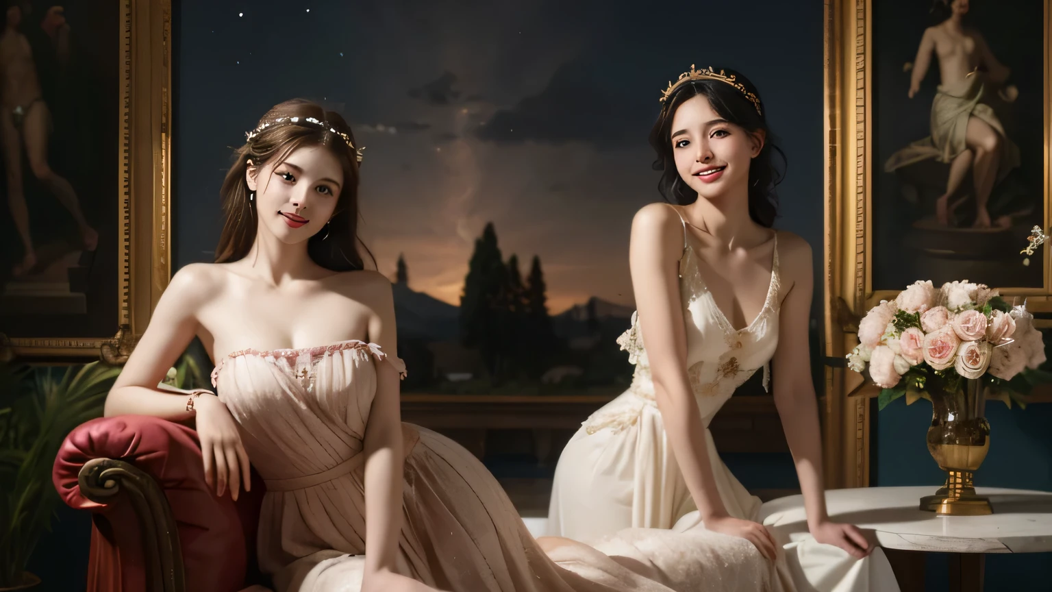 jack=Louis David's painting style,Discussion between two female philosophers,math、astronomical machine、astronaut、roses in vase、fruit、Cute trinkets、smile、ancient greek costume、The background is a forest lake at night 、Clothes that stretch your shoulders、A big smile、beautiful bare skin、A detailed representation of the seducing woman throughout her body..