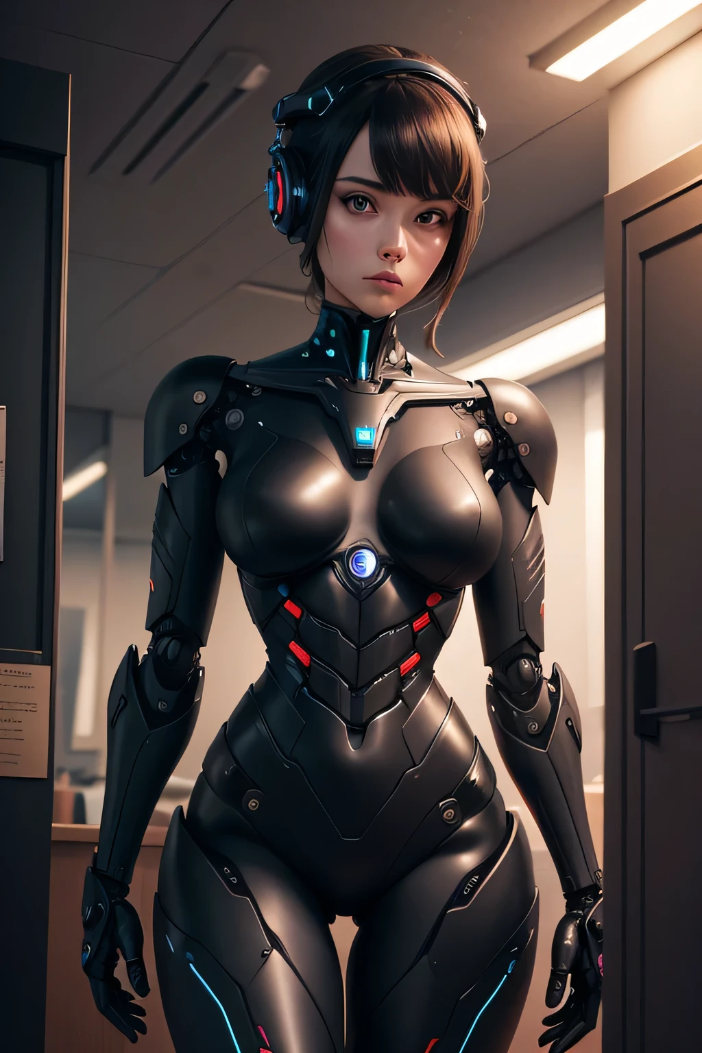Female robot with black metal body Machine body anatomically correct late night office