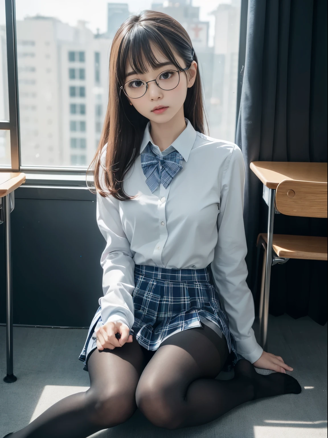 (((I can see my underwear)))、(((anger)))、(((anger)))、((細いeye))、((細いeye))、((細いeye))、(8K、生photographgraphy、highest quality、masterpiece：1.2),、small、(flat chest)、(flat chest)、(flat chest)、(flat chest)、(flat chest)、(Are thin)、Fair skin、Whitening、dark look、skinny,Fair skin肌,Saucy,Schoolの,looking at the viewer,looking straight ahead,high-pitched clothes,erotic,students,white skin,knees,(((black pantyhose)),((black pantyhose))),disorganized,(small face),(small face),I can see the forehead,Bangs hanging from the left and right sides of the forehead,(cold look,eyeがきつめ,bullish,anger)、masterpiece,highest quality、ultra high resolution,生photograph,beautiful,beautiful,There is only one person, solo,Glasses,,dark look,small breasts same,full body,(まるGlasses),JK uniform,high school girl,japanese woman, （photorealistic：1.37）、School、photon mapping,Reality、beautiful woman,cute baby face,ブラウンeye、black socks、(red bow tie)、radio city、Physically based rendering、depth of field rally background、photograph,body,beautiful feet, long legs, thin legs,(I can see my bangs), Hairy pubic area, lips, blue_eye, nose soft,(light blue dress shirt), (Navy, blue and white plaid pleated skirt), kneesが見える,transparent clothing,, Peaches, black cotton socks,Nogizaka Idol, , Japan idle
Waiting to start 
