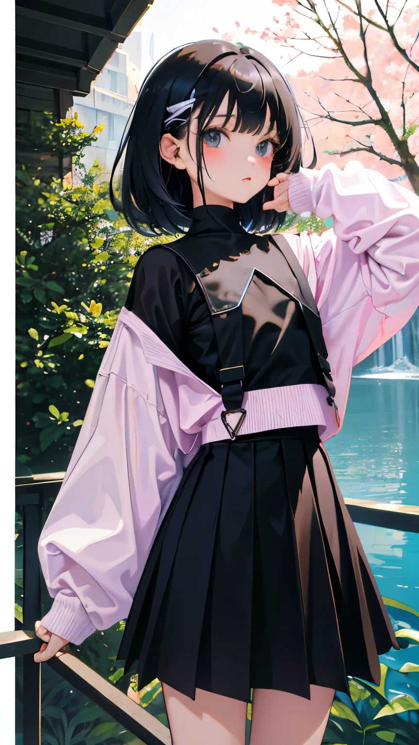 (short cute girl,small young student,young delicate girl),(masterpiece,Top quality),Pastel hoodies,skirt,long black hair, sea of trees