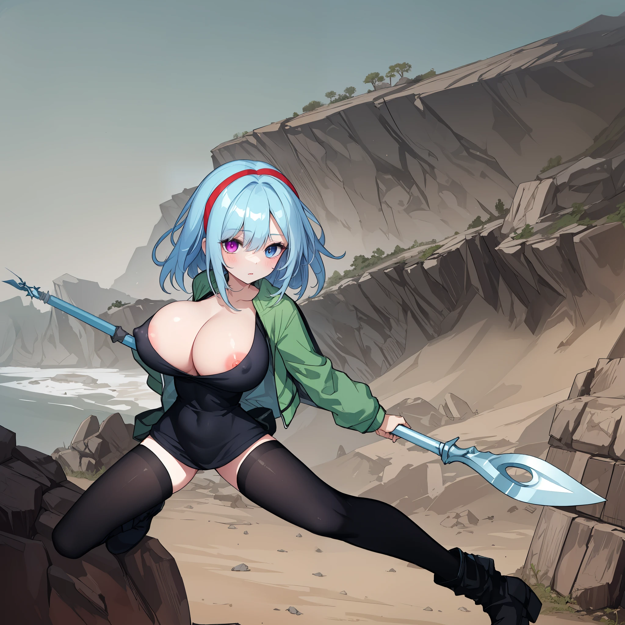 1 skinny girl, solo, light blue hair, (red and purple heterochromia), (red left eye and dark purple right eye:1.4), bending back, looking at viewer, BREAK, black plunging neckline short dress, dark yellow cropped jacket, black thighhighs, BREAK, (bouncing unaligned huge breasts:1.5), cleavage, very short torso, (inconceivably narrow waist), thin long legs, BREAK, holding a spear, BREAK, {nsfw:0.6}, (show off crotch:1.4), desert, desert storm, strong wind, rocks at background