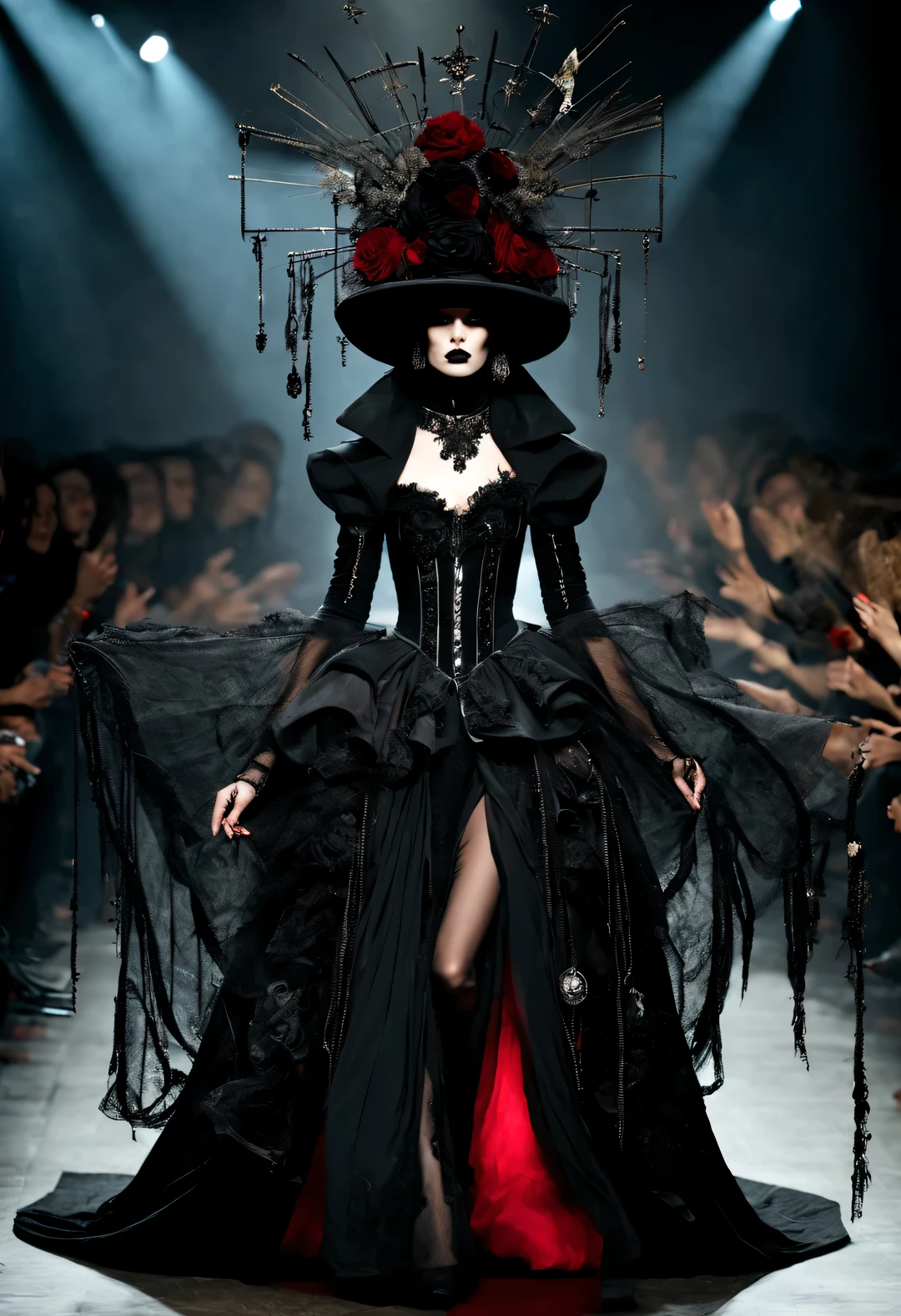 Gothic style red fashion show,darkness is always there,Beauty and warmth come from darkness,Gorgeous model,Weird tattoos and tattoos,waste plastic,scrap wire、used batteries,Oversized shabby bamboo hat,gear,Decadence scent,。Alexander mcqueen is called the God of Goth, mcqueen's’ designs always have a strong flavor of gothic asceticism、this、Religion and decadence give you a heavy visual blow,Make people want to get closer.Gothic style can also be seen as a barbaric growth,Born towards the sun!Appearance reflects the ideology of the era. Makeup skips the flashy show,Go straight to the heart.,through the clothes in front of me,There are countless invisible fashions.,