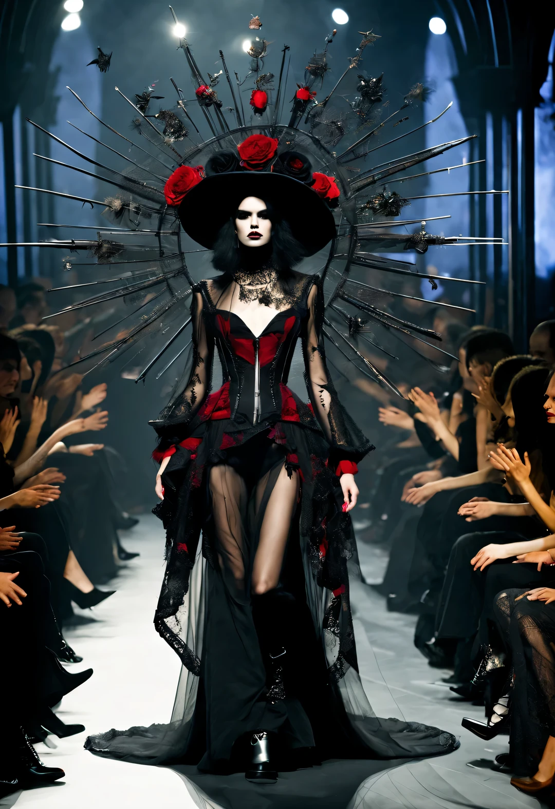 Gothic style red fashion show,darkness is always there,Beauty and warmth come from darkness,Gorgeous model,Weird tattoos and tattoos,waste plastic,scrap wire、used batteries,Oversized shabby bamboo hat,gear,Decadence scent,。Alexander mcqueen is called the God of Goth, mcqueen's’ designs always have a strong flavor of gothic asceticism、this、Religion and decadence give you a heavy visual blow,Make people want to get closer.Gothic style can also be seen as a barbaric growth,Born towards the sun!Appearance reflects the ideology of the era. Makeup skips the flashy show,Go straight to the heart.,through the clothes in front of me,There are countless invisible fashions.,
