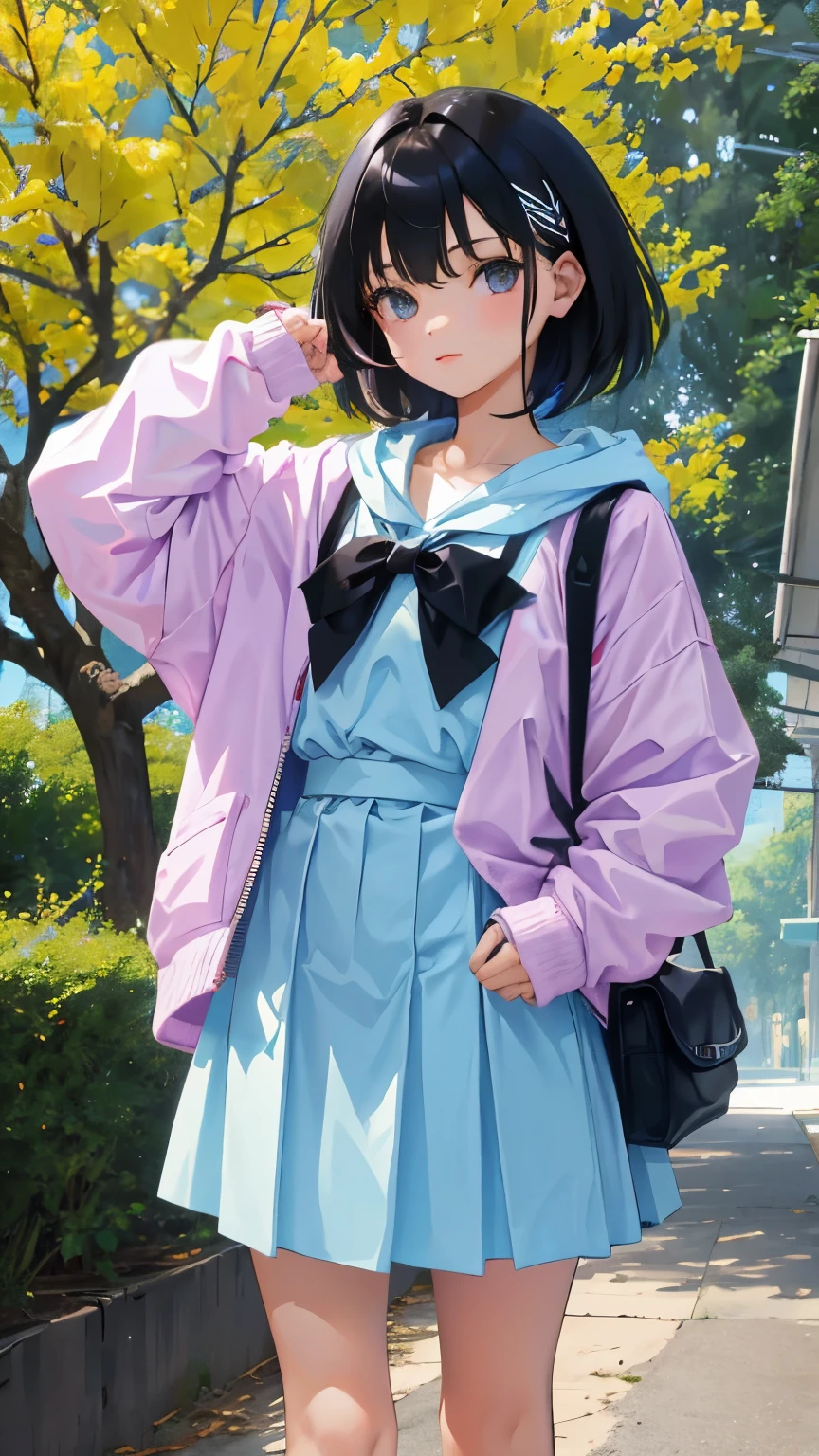(short cute girl，small young student，young delicate girl）,（masterpiece，Top quality)，Pastel hoodies，skirt，long black hair, sea of trees