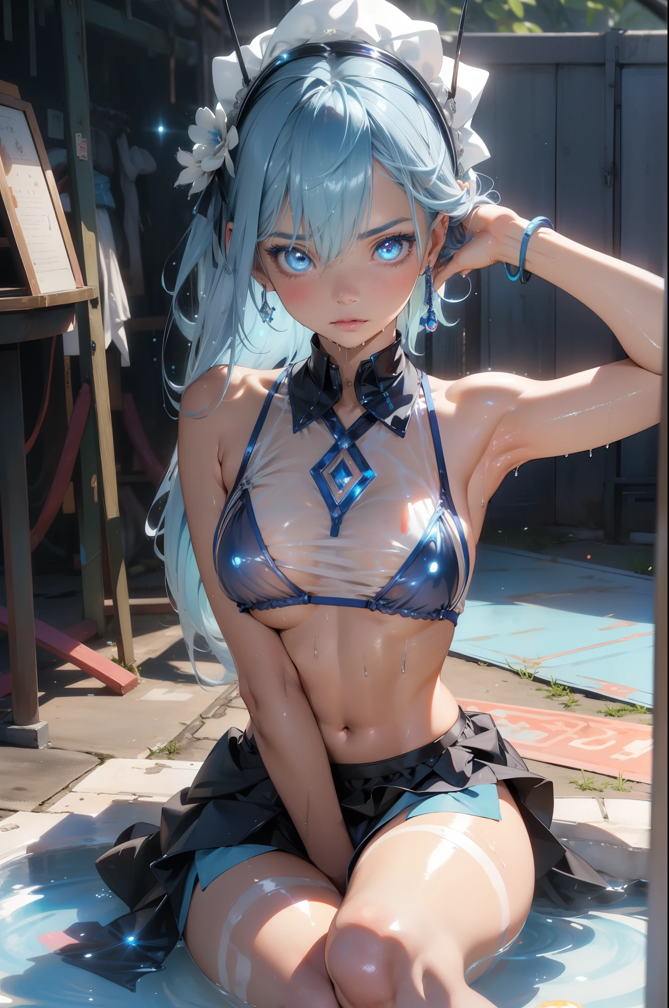 (quality)), ((masterpiece)), Recommended results、puffy nipples、(see through:1.5)、straighten your back、abdominal muscles、huge bust、angle to floor:1.2、Low photographic angle、Hair loss on crotch,Hatsune Miku,pale nipples blue hair)),big breasts:1.4),Breast sagging,(((pale nipples blue bob hair:1.35,Colored inner hair,),1.5)),((silver armor dress,Tesla Coil)(((pale nipples_blue_Eye:1.3))),复杂的 Eye,beautiful detailed Eye,symmetrical Eye,((fat)),(((skin shiny:1.5,bright skin: 1.5,skin shiny,very skin shiny,shining body,plastic glitter skin,exaggerated skin shiny,glowing skin,wet legs))),(lower abdomen,Yao Liu,wide hips,detailed body,(Detailed face)),charming,Tempting,,((national foundation)),maid headdress),only_Shoulder,Delicate metal decoration,hat,(maid),sleeveless,mini skirt,boots,_face,Perfect facial details,lifelike的脸,lifelike,analog style,((complex details)),(((realism))),