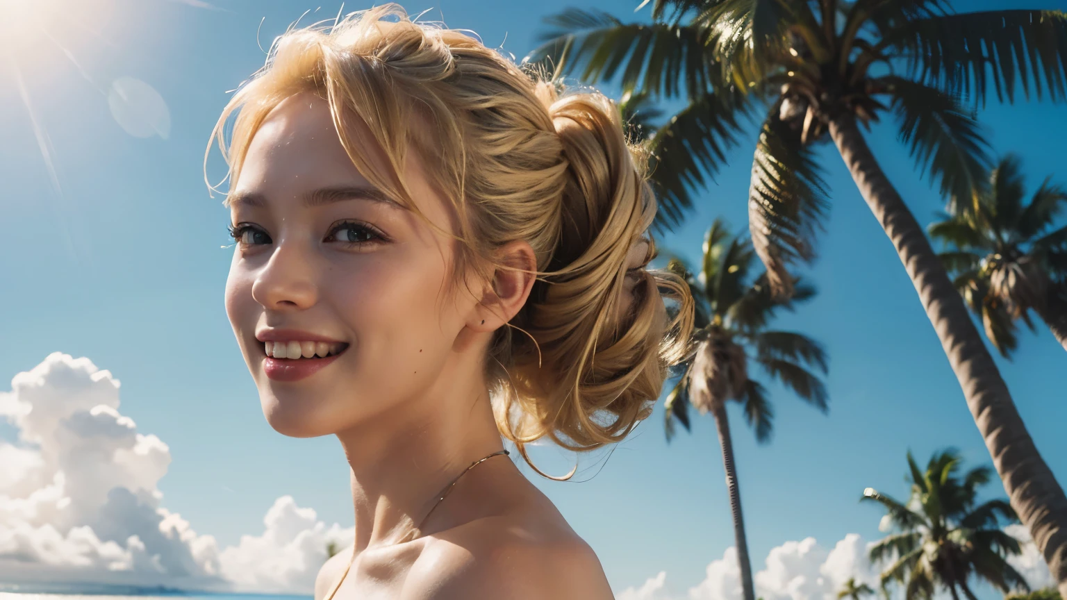 best quality, masterpiece, ultra high resolution, (realistic:1.4), RAW photos, 1 woman, blond hair,  formal updo,glowing skin, dramatic lighting,(laugh:1.2), palm tree, sunny weather, Beach, palm tree, sunny weather, Beach, palm tree, sunny weather, Beach, palm tree, sunny weather, Beach