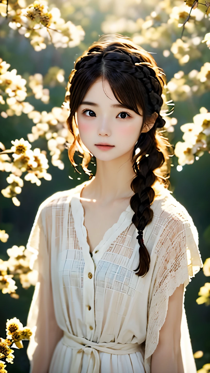 realistic, High resolution, soft light,1 female, 16Year、、Japanese、alone, waist rises high, glowing skin, (detailed face),jewelry, brown hair,french braid、white_Dress Flower Field,(dynamic angle:1.1),wonderful,Soft and warm color palette, delicate brushstrokes, Targeted use of light and shadow, wide shot,The deliciousness of wilted flowers,high contrast,color contrast,Masseter muscle part:1.3
