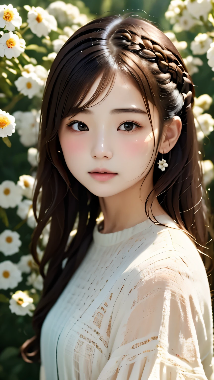 realistic, High resolution, soft light,1 female, １６Year、、Japanese、alone, waist rises high, glowing skin, (detailed face),jewelry, brown hair,french braid、white_Dress Flower Field,(dynamic angle:1.1),wonderful,Soft and warm color palette, delicate brushstrokes, Targeted use of light and shadow, wide shot,The deliciousness of wilted flowers,high contrast,color contrast,Masseter muscle part:1.3