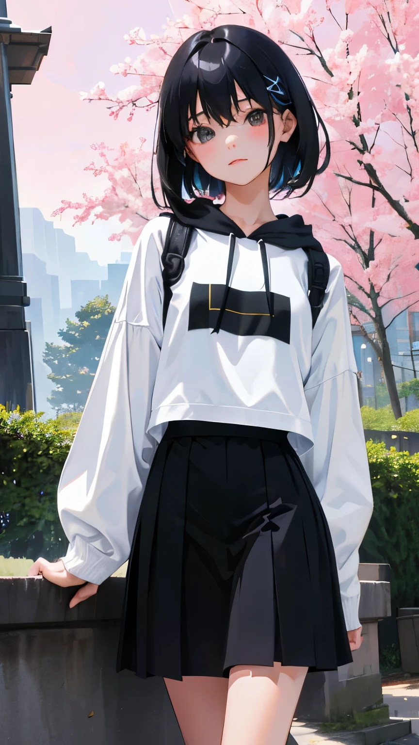 (short cute girl,small young student,young delicate girl),(masterpiece,Top quality),Pastel hoodies,skirt,long black hair, sea of trees