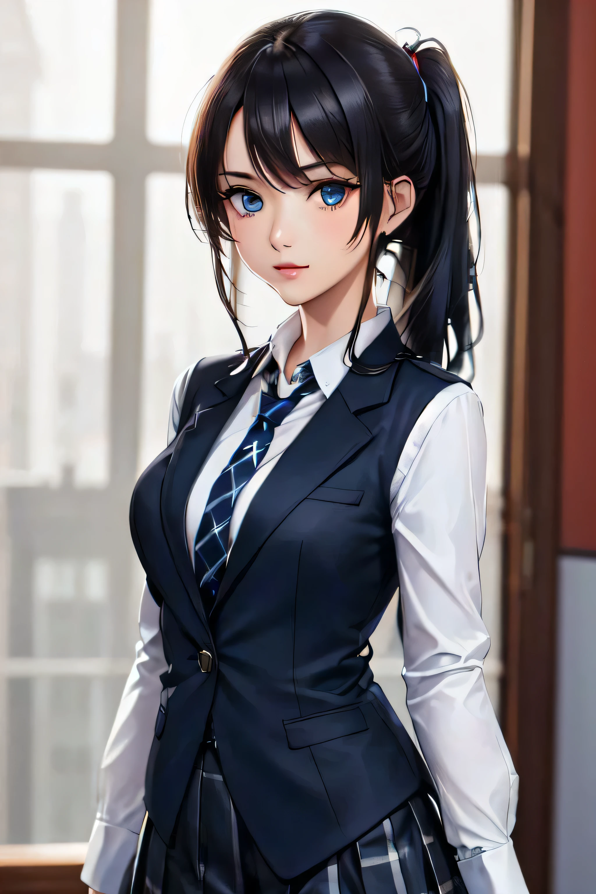 There is a woman wearing a school uniform and taking a photo..., hyperrealistic , a hyperrealistic , realistic , beautiful anime high school girl, wearing a strict business suit, Smooth anime CG art, attractive anime girl, girl in a suit, photorealistic anime girl render, seductive anime girl, wearing a strict suit, beautiful and attractive anime woman