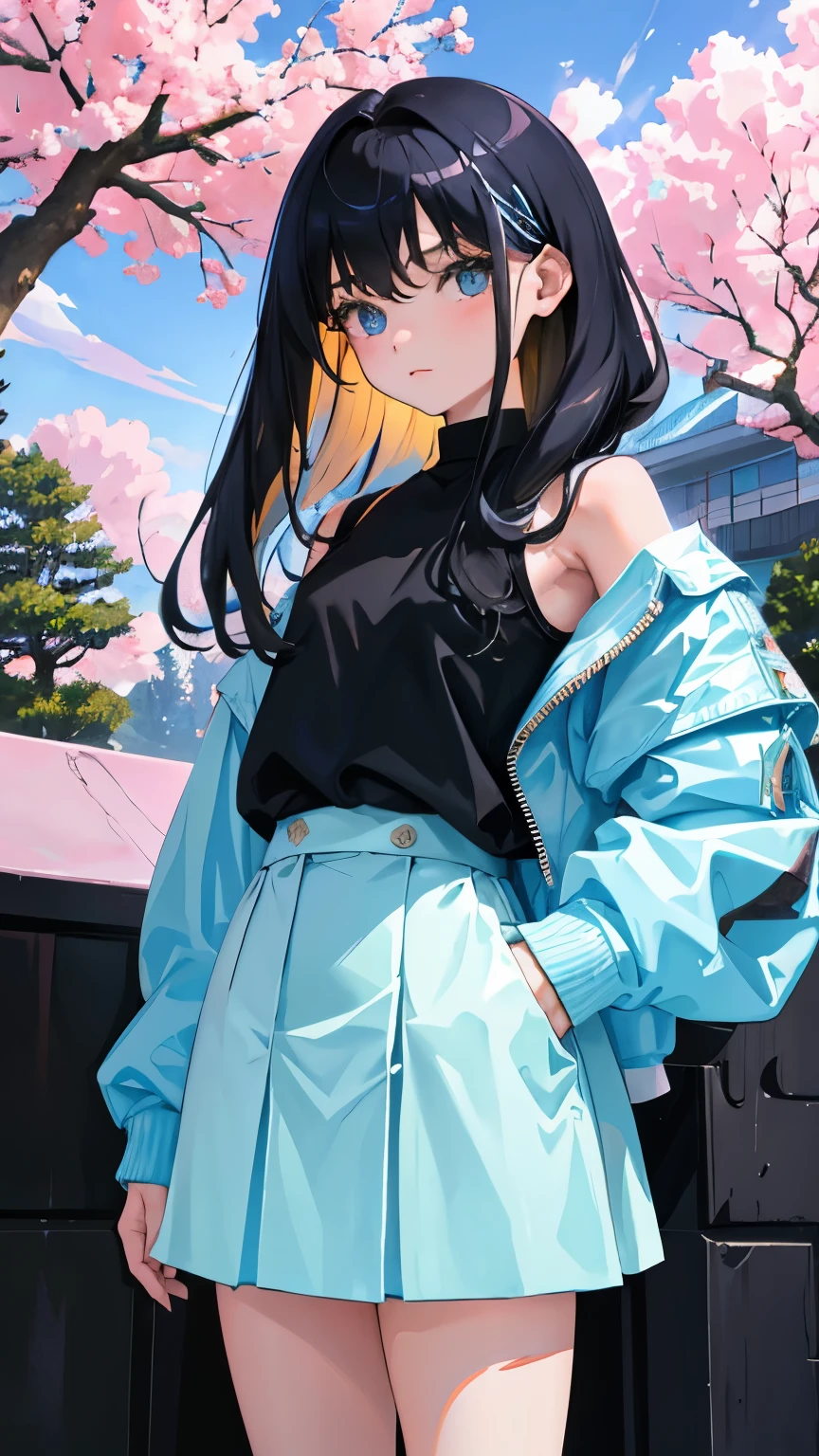 (short cute girl, young studeg delicate girl),(masterpiece,Top quality),Pastel hoodies,skirt,long black hair, sea of trees