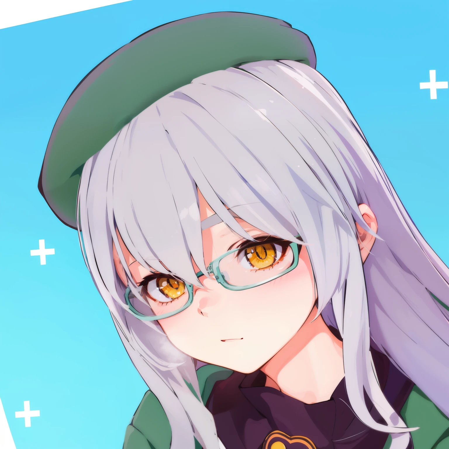 anime girl with glasses and a hat and a beret, anime moe artstyle, anime style portrait, kawaii realistic portrait, cute anime face, anime portrait, flat anime style shading, mikudayo, 2 d anime style, semirealistic anime style, anime artstyle, portrait anime girl, made with anime painter studio, realistic anime artstyle, ig studios anime style, yellow eyes, gray hair, glassess,