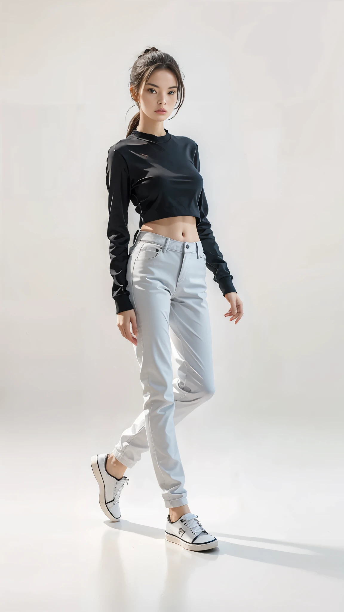 16K, Masterpiece, photorealism, A girl walks to her full height, a girl with dark long hair, a girl dressed in a white top, light jeans, white sneakers, white background,