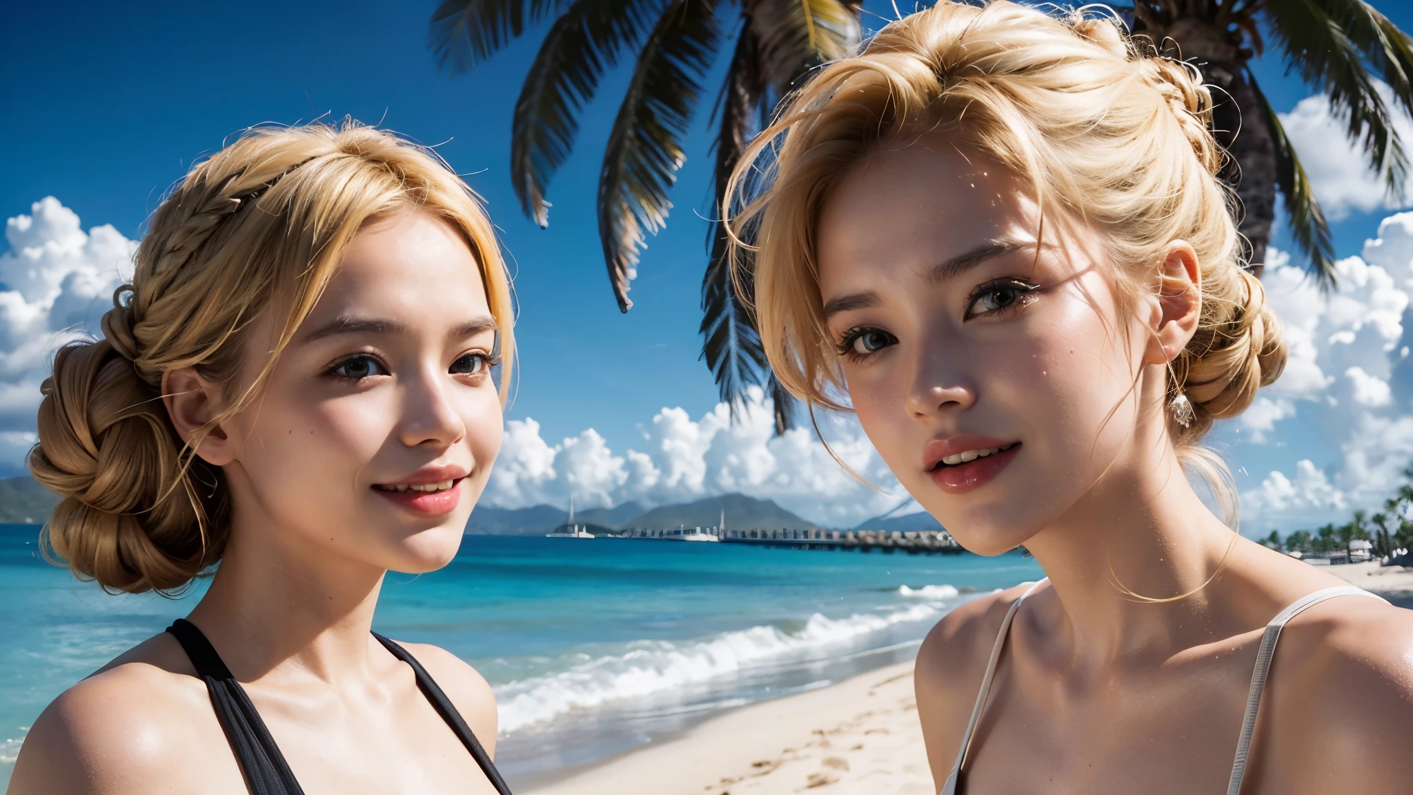 best quality, masterpiece, ultra high resolution, (realistic:1.4), RAW photos, 1 woman, blond hair, formal updo,glowing skin, dramatic lighting,(laugh:1.2), palm tree, sunny weather, Beach, palm tree, sunny weather, Beach, palm tree, sunny weather, Beach, palm tree, sunny weather, Beach