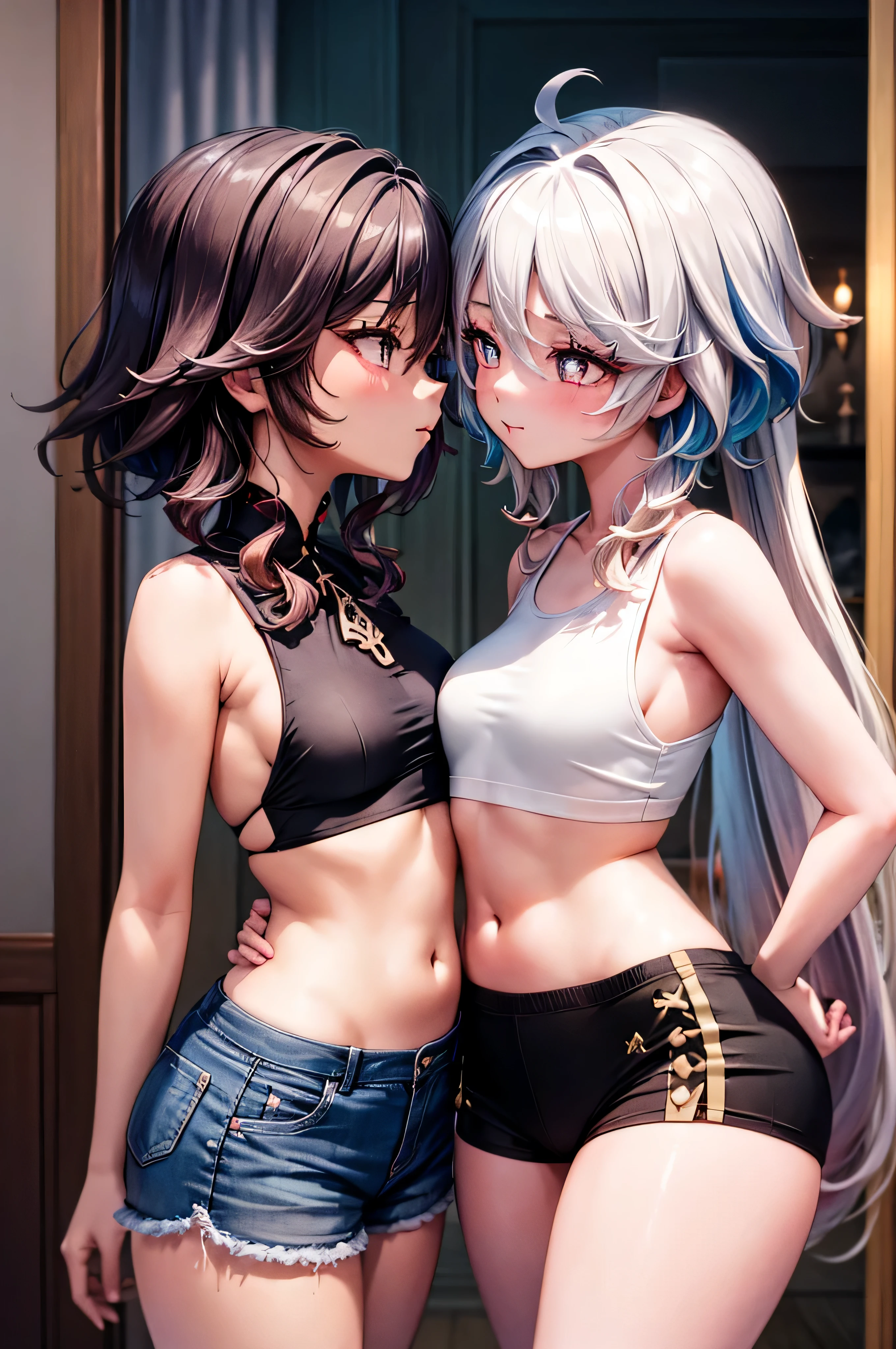 (master piece: 1.1), youngers, melanin, mature, (two anime girls in bikinis with horns and horns on their heads), cow ears, ears of cow, twin sisters, (detailed heterochromia eyes ), brighting eyes, short hair, cow_girls, (cow outfit), slimbody, thin waist, cute horns, lewd, ecchi anime style, two beautiful anime girls, ecchi style, soft lighting, female bedroom, pink bedroom, perfect_enviroment,