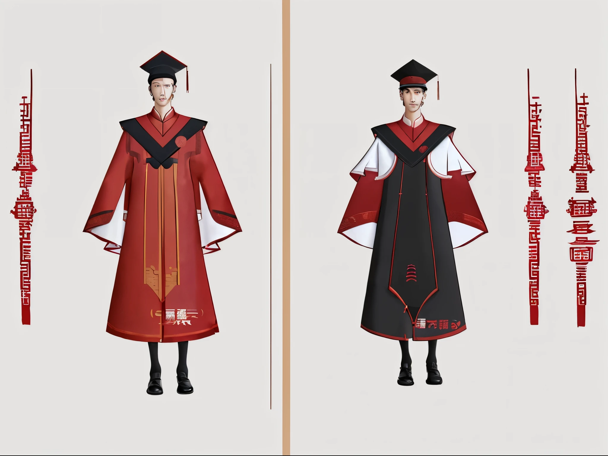A series of four sets of academic uniform design drafts combined with traditional Chinese elements, moire design（Includes academic uniform，Master's service，Doctor's suit，school robe）black and red