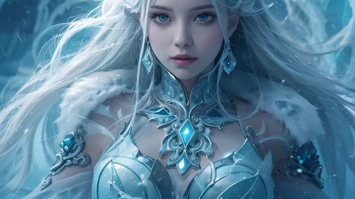 beautiful ice goddess, Ice Witch, pure ice spirit, Intricate design and details, coldly, cold, blizzard storm, whole body on coldly mist, magic ice spell, Cast Ice Spell, realistic ice effect, ice particles, Dark fantasy art style, A ruined city, dramatic lighting, cinematic