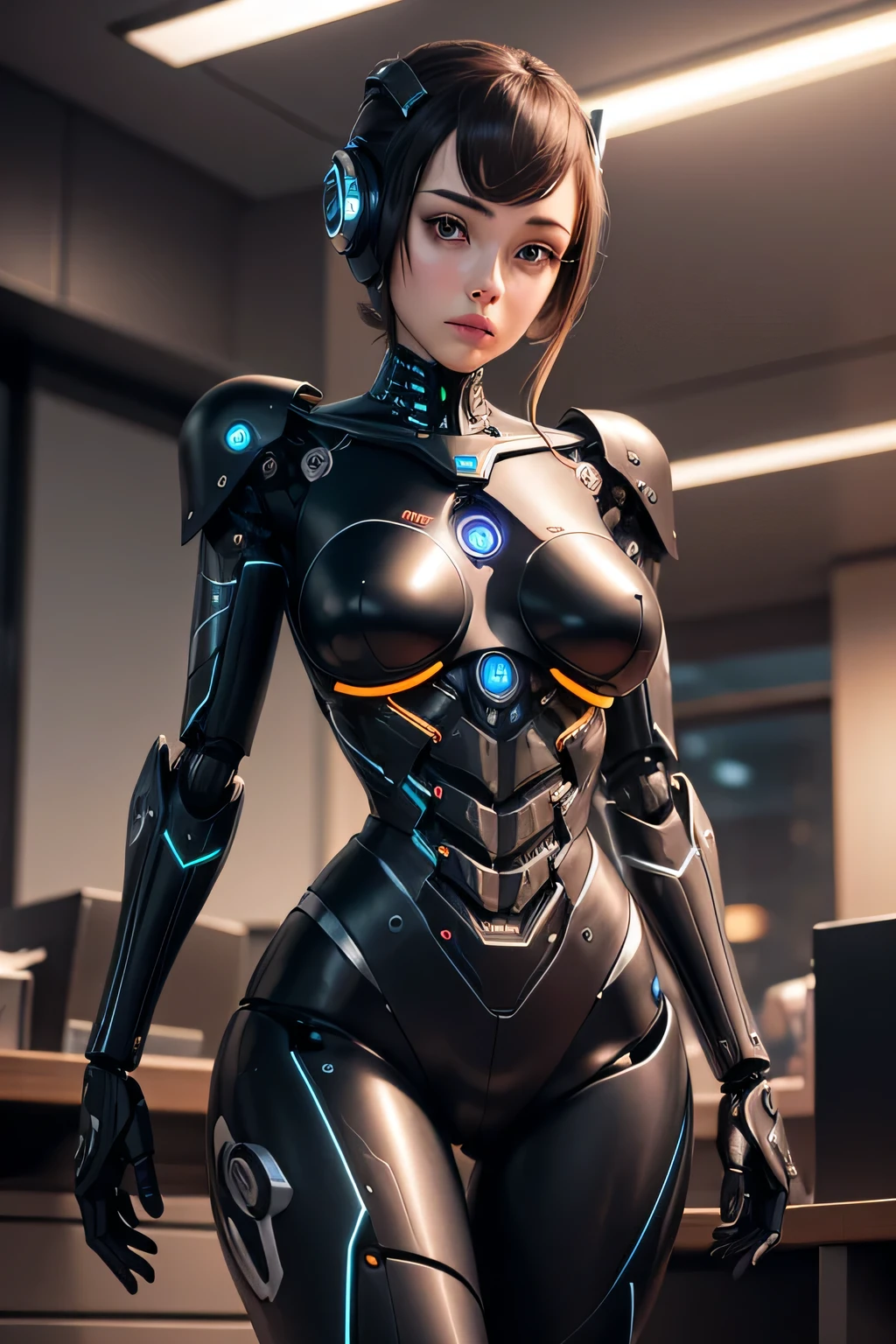 Female robot with black metal body Machine body anatomically correct late night office