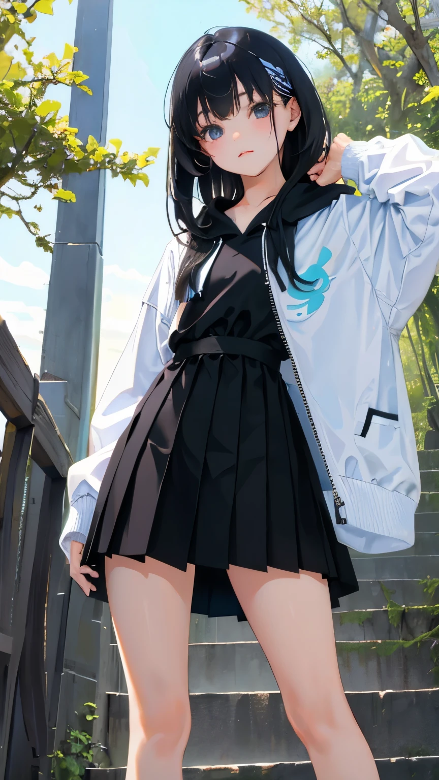(short cute girl，small young student，young delicate girl）,（masterpiece，Top quality)，Pastel hoodies，skirt，long black hair, sea of trees