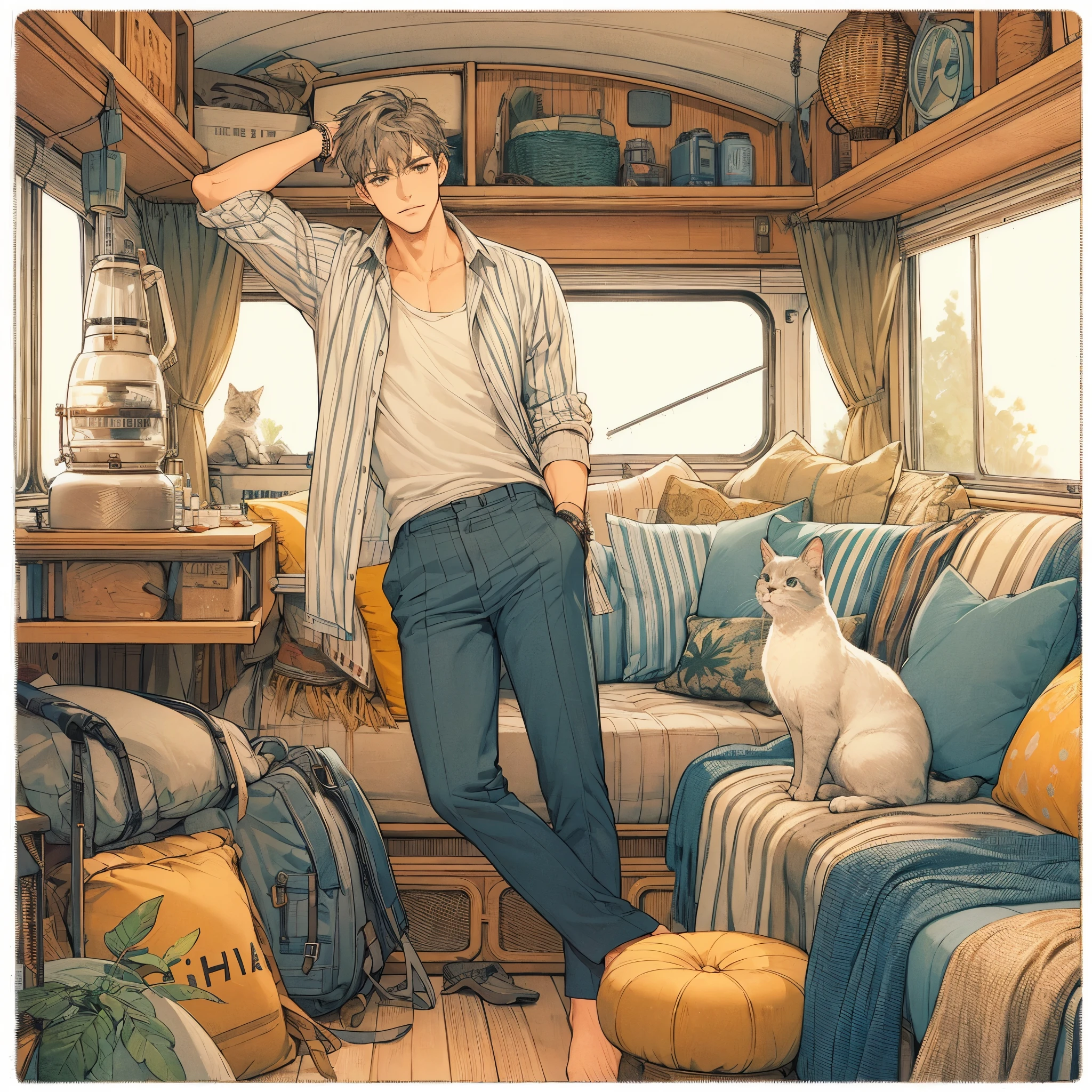 semi-realistic,Illustration expressed as a film set.Cutaway. Illustration with trendy touch, pixiv, kawacy, anime picture, flat color with anime paint, cool coloring, limited palette. Beautiful coloring. Tall, well built, handsome man. Young and fresh looking, like an athlete or model, Monotone chic clothing, a young man relaxing in his own DIY school bus camper (skoolie) and his cat. Modern and cool fabrics and decor, cushions, blankets, curtains,Shabby color theme.
