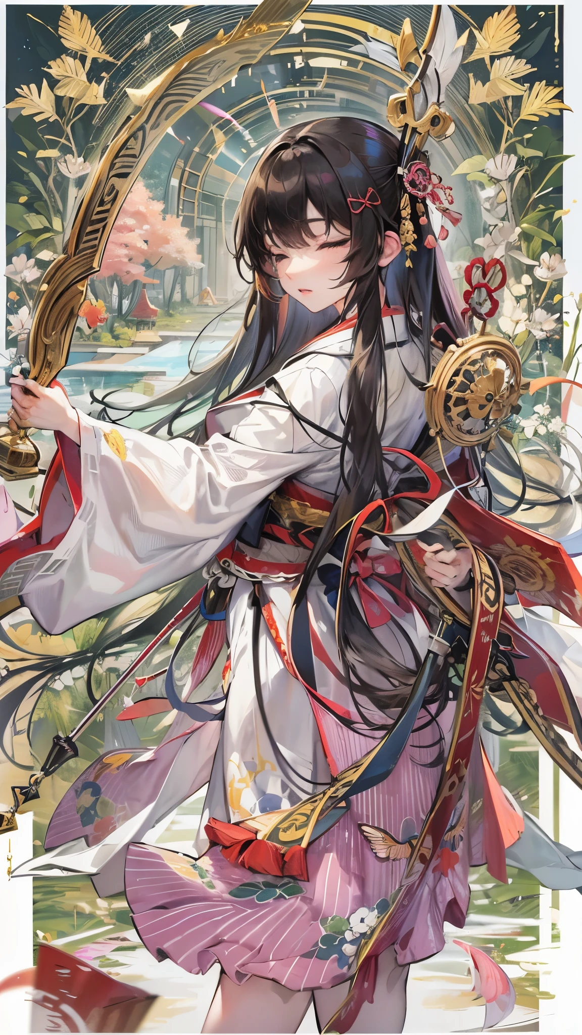 (perfect anatomy, masterpiece:1.2, best quality, 8k, beautiful detailed grow, daydreaming expression), break, (battle fighting stance) ((skilled:1.3 with a japanese divine bow)), (solo:1.2 blunt:1.1 bangs black hair long hair beautiful divine archer girl, 14 yo, closed eyes), in a shrine maiden costumebreak, break, background Dazaifu Tenmangu.