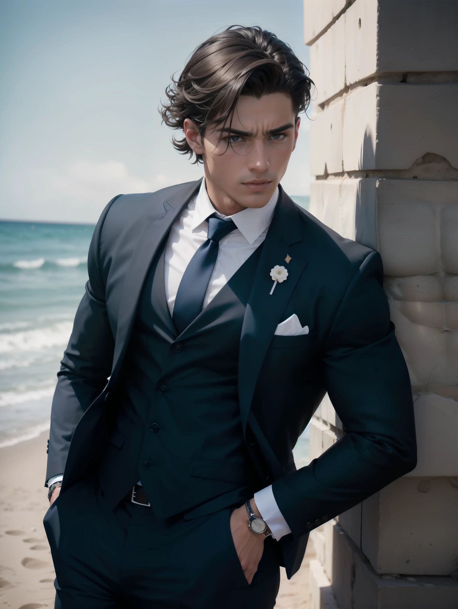 Un modelo masculino musculoso muy guapo con trajes grises y corbata larga en la playa, con pelos cortos rubio claro, ojos cafes claro