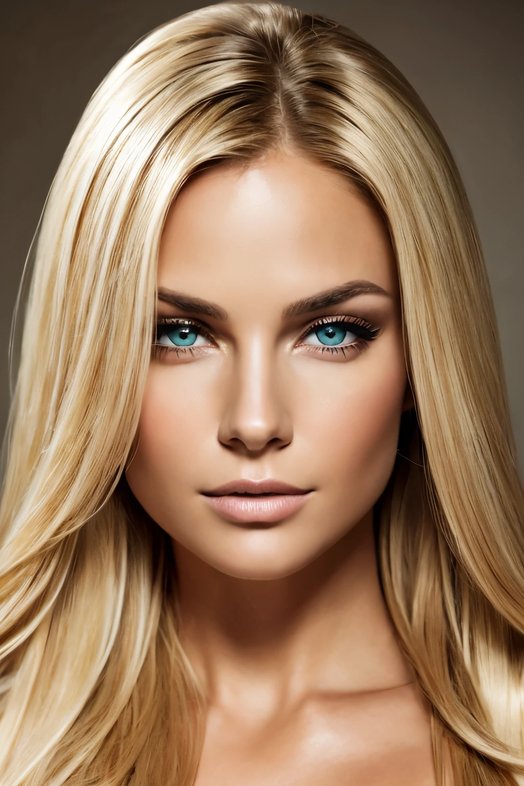 Create a super realistic portrait of a beautiful blonde model named GaiaItalia. She has long, straight blonde hair, green eyes, and clear fair skin. She is looking directly at the camera with a sensual expression. The background is white and the lighting is soft and even. GaiaItalia is the epitome of contemporary beauty, with perfect proportions, symmetrical features, and a flawless complexion. Pay attention to every detail, including her hair texture, eye color, and skin tone. Make sure the portrait is high quality and looks like a real photograph.