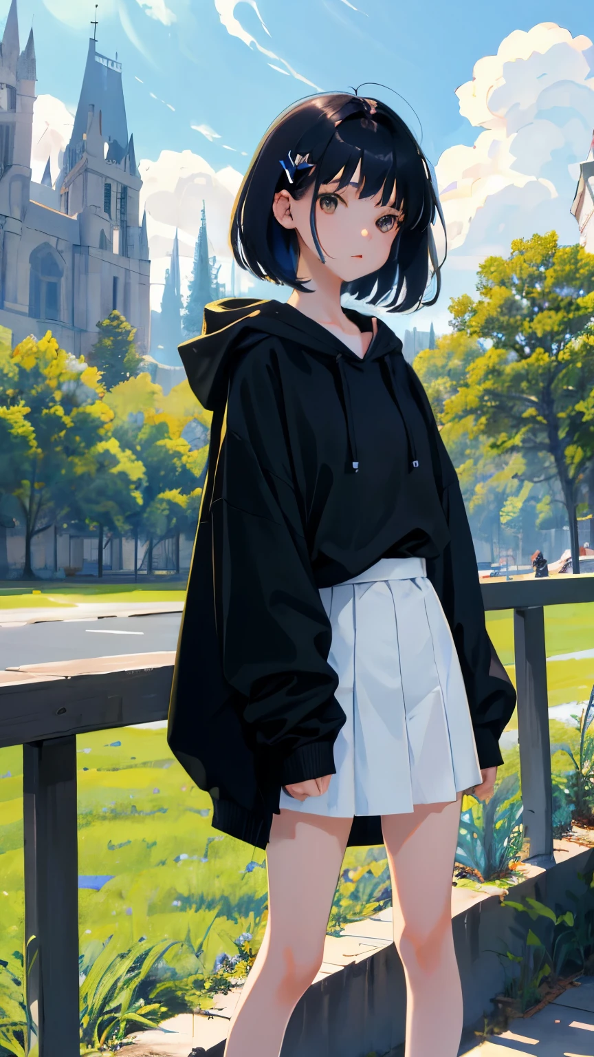 (short cute girl,small young student,young delicate girl),(masterpiece,Top quality),Pastel hoodies,skirt,long black hair, sea of trees