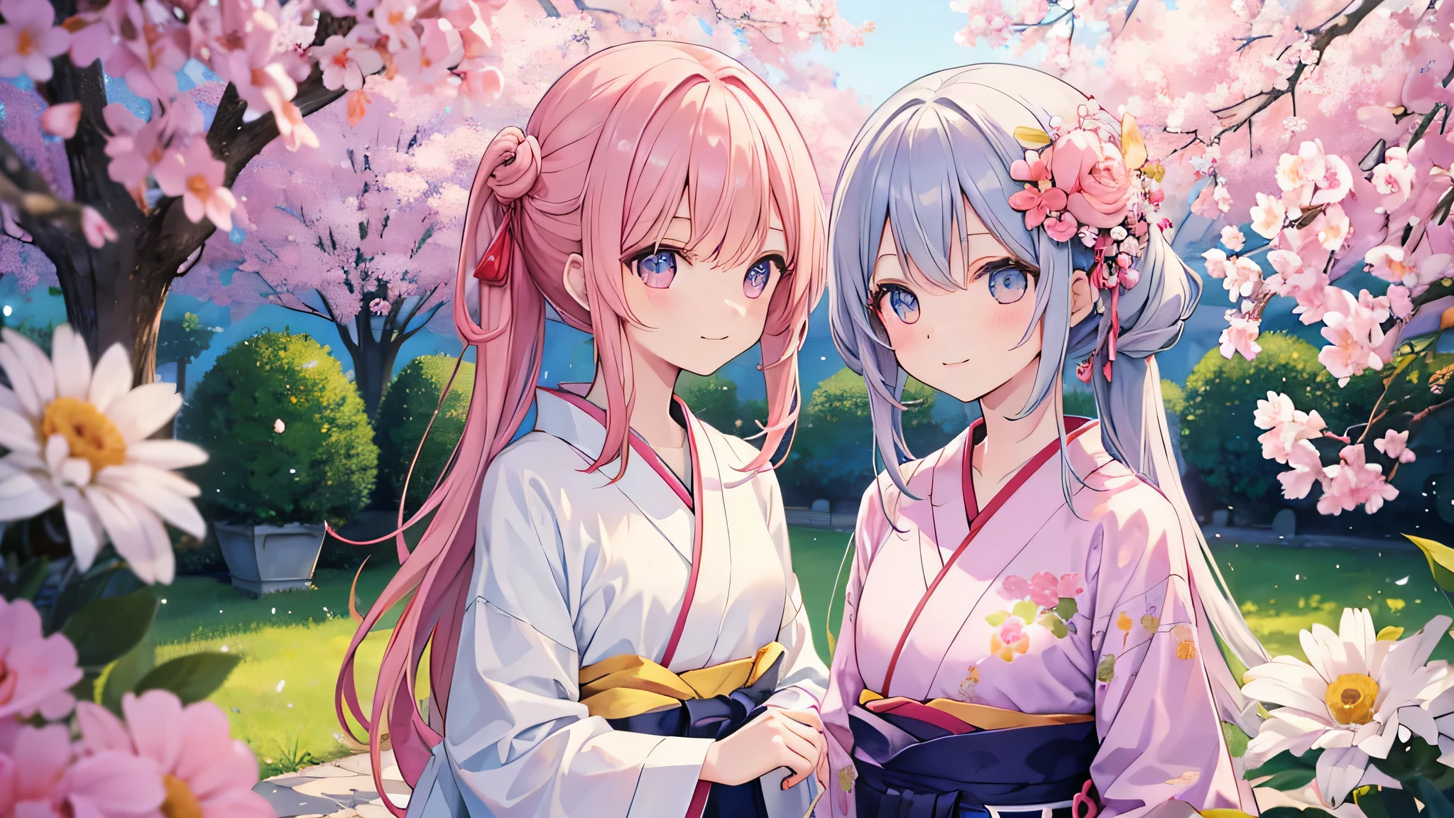 Create beautiful anime character images with a calm and elegant atmosphere。。The character is、warm and charming smile、soft eyes、This sophisticated hairstyle decorated with pink flowers and delicate decorations is a must-see。For kimono、Creates elegance and femininity、Features a delicate pink floral pattern。The background depicts a garden within the grounds of a traditional castle.、The tranquility of the environment and the beauty of nature