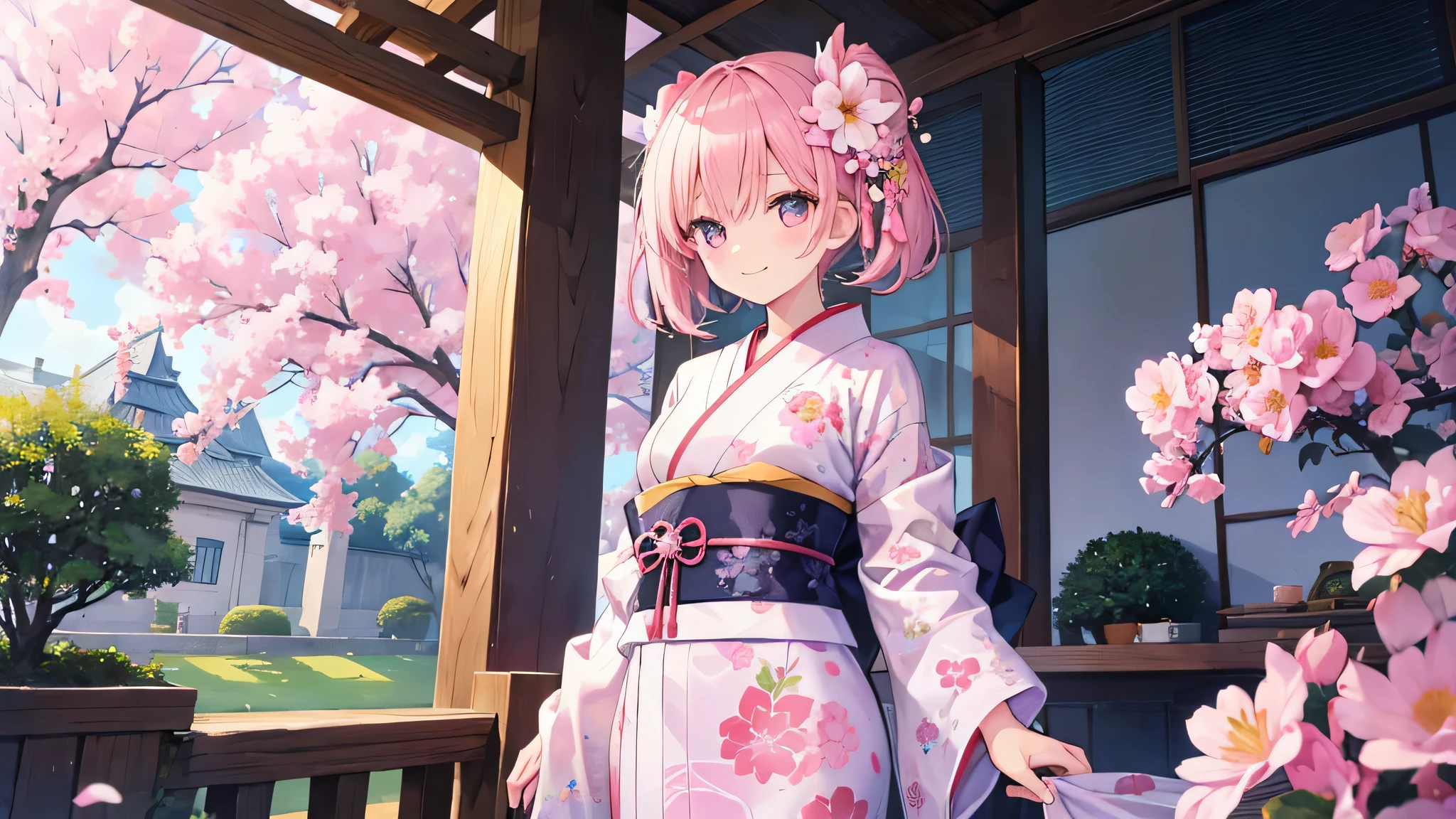 Create beautiful anime character images with a calm and elegant atmosphere。。The character is、warm and charming smile、soft eyes、This sophisticated hairstyle decorated with pink flowers and delicate decorations is a must-see。For kimono、Creates elegance and femininity、Features a delicate pink floral pattern。The background depicts a garden within the grounds of a traditional castle.、The tranquility of the environment and the beauty of nature