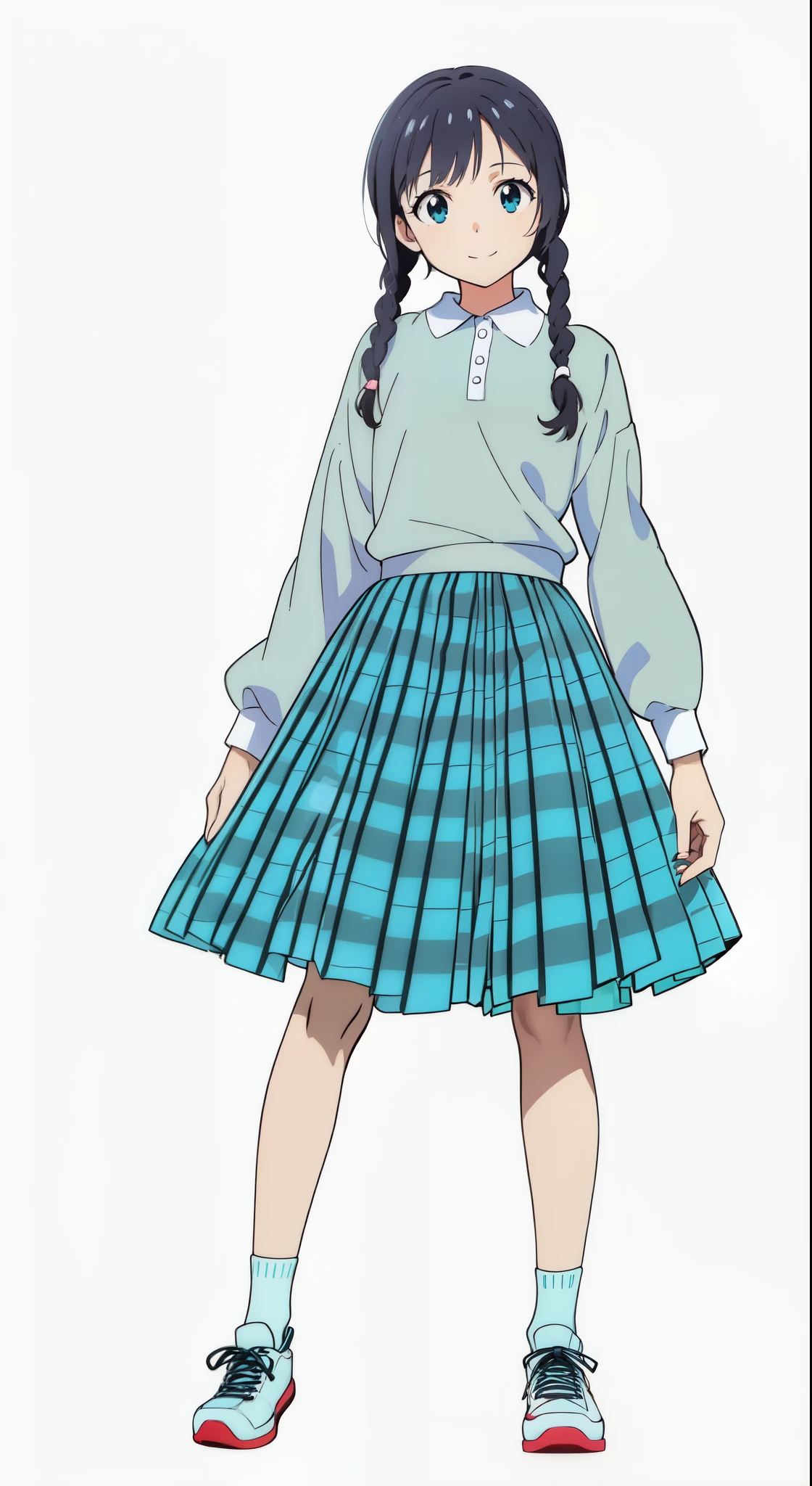 (tareme:1.5), (cheerful:1.5), (light smile:1.5), (looking at viewer:1.0), (white background:1.0), (best quality:1.0), (masterpiece:1.0), (super fine illustration:1.0), (beautiful artwork:1.0), (anime screencap:1.0), (official art:1.0), (full body:1.0), (solo:1.0), (ESGA:1.0), (a cute girl:1.0), (long skirt:1.0), (green tartan skirt:1.0), (pleated skirt:1.0), (aqua blue polo shirt:1.0), (long sleeve polo shirt:1.0), (sneakers:1.0), (white socks:1.0), (ideal ratio body proportions:1.0), (lanky:1.0), (tall:1.0), (slender:1.0), (small breasts:1.0), (smaller face:1.0), (tareme:1.0), (detailed beautiful eyes:1.0), (detailed beautiful face:1.0), (glowing black eyes:1.0), (short hair:1.0), (swept bangs:1.0), (twin braids:1.0), (black hair:1.0)