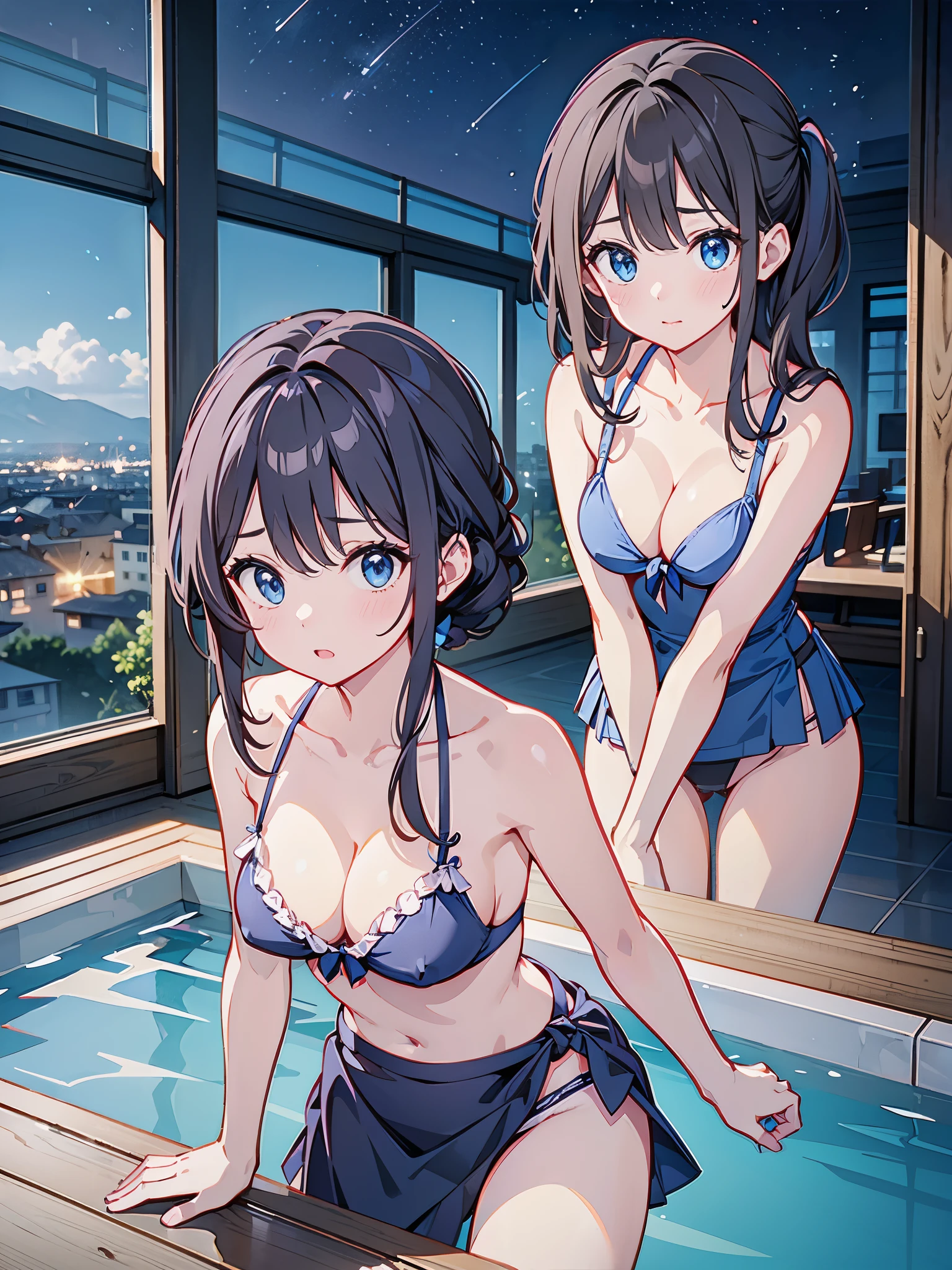 A 27-year-old female office worker enjoys her holiday at the indoor pool.、dark brownの髪色でロングボブヘアーです、A blue cloth covers the area from 4cm below the right collarbone to the bottom of the left nipple, a dark blue cloth covers from 4cm below the left collarbone to the bottom of the right nipple, and a white cloth covers the lower half of the cleavage. swimsuit tops、Navy blue swimsuit panties with ribbons on the sides、A white, transparent cloth is wrapped around the waist to form a skirt so that the panty line is visible.、wrap skirt、The ceiling and walls are made of glass、You can see the night sky outside the glass、It's late night now