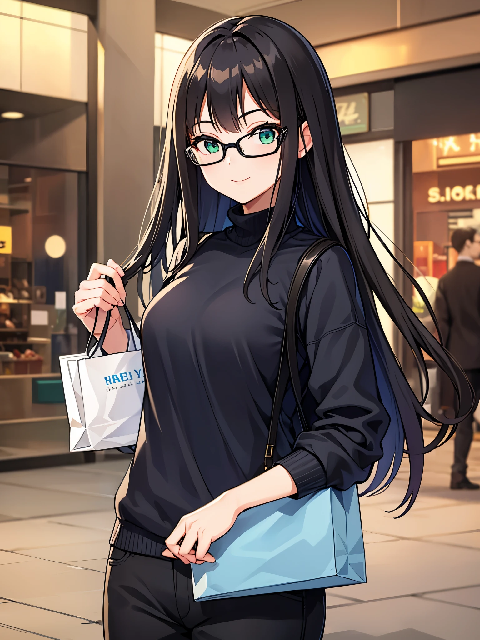 1 girl, mature woman, green eyes、black long hair、casual clothes、blue sweater、long pants、smile gently、looking at me at the shopping mall, Wearing a mask、wearing glasses、highest quality, hire, detailed face, along the coast、 detailed background, Depth of written boundary, Bokeh