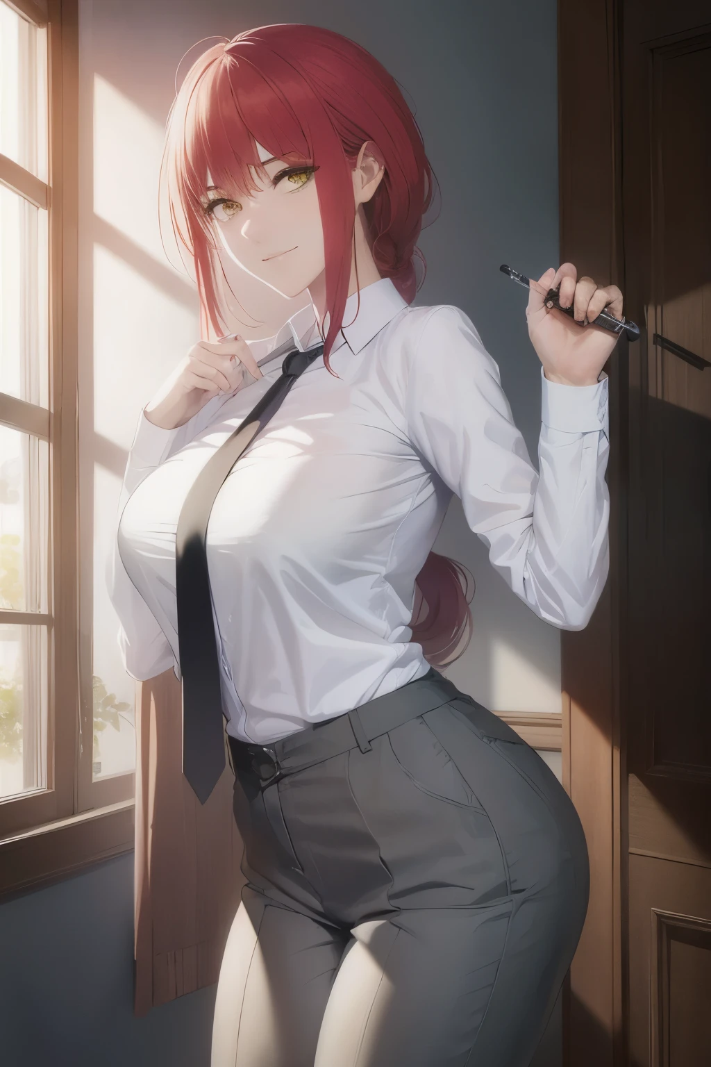 (left side view) A woman stands, crossing your arms over your chest and raising one leg behind your body, ((shirt, tie, trousers):0.5) (detailed realistic face), (((Hyper detailed))), reduced, symmetrical face, detailed student, Expressive eyes, Compose, real photo, modern look, real photo (Realistic:1.5)  