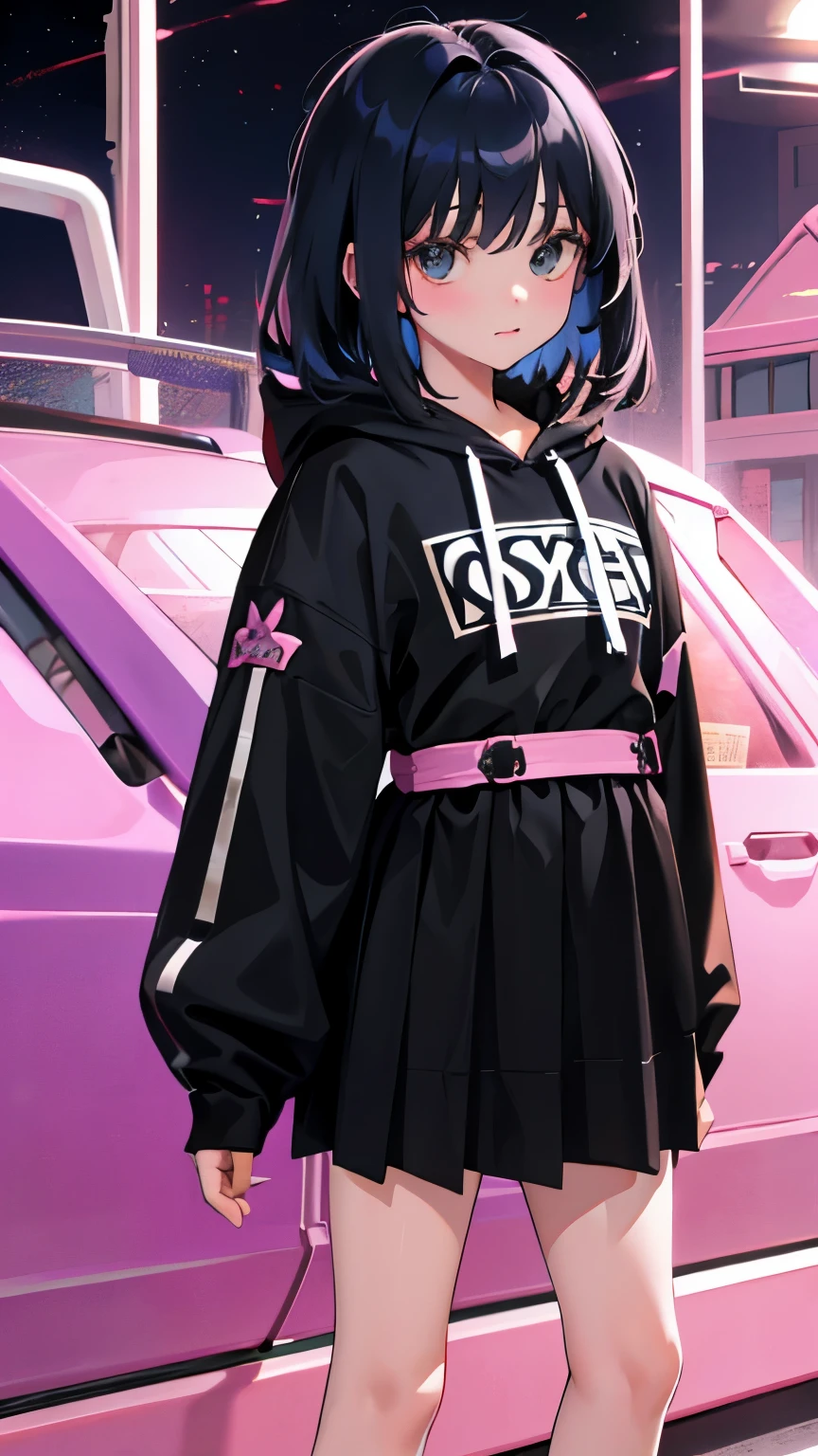 (short cute girl,small young student,young delicate girl),(masterpiece,Top quality),Pastel hoodies,skirt,long black hair, toy world