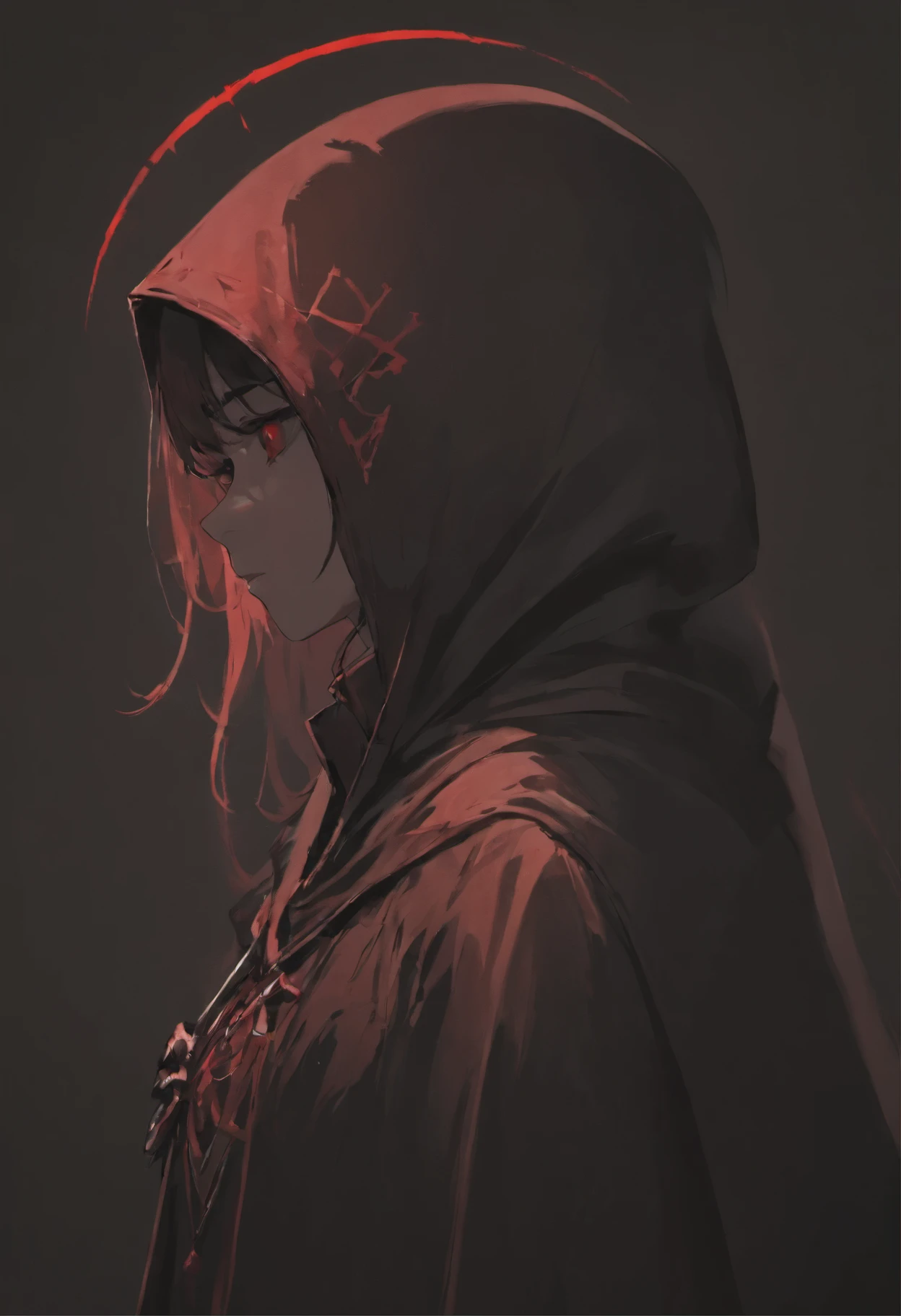 A lethal silhouette in profile, the assassin's hood throws her face into shadow, leaving only a sinister red eye and an ominous symbol on her skin visible, suggesting a deadly intent.
From the darkness of her hood, the side view of the assassin's face is cast in shadows, with a blood-red eye and a dark symbol upon her cheek, the only marks betraying her lethal profession.
The assassin's side profile is a dance of shadow and threat; her hood shrouds all but the glint of a red eye and the distinct mark of a killer, a symbol that speaks of her deadly expertise.
Shrouded in the anonymity of her cloak, the assassin's visage is obscured except for the side glimpse of a crimson eye and a foreboding symbol, emblems of her deadly trade.
The hooded assassin's profile is a testament to her craft; shadows mask her features except for the chilling red of her eye and the symbol that whispers of death, a stark reminder of her capabilities.
In the dim light, the assassin's face remains a mystery, her profile offering nothing more than a chilling red eye and a mark of her dark profession, etched into the side of her skin, visible beneath the cloak's shadow.