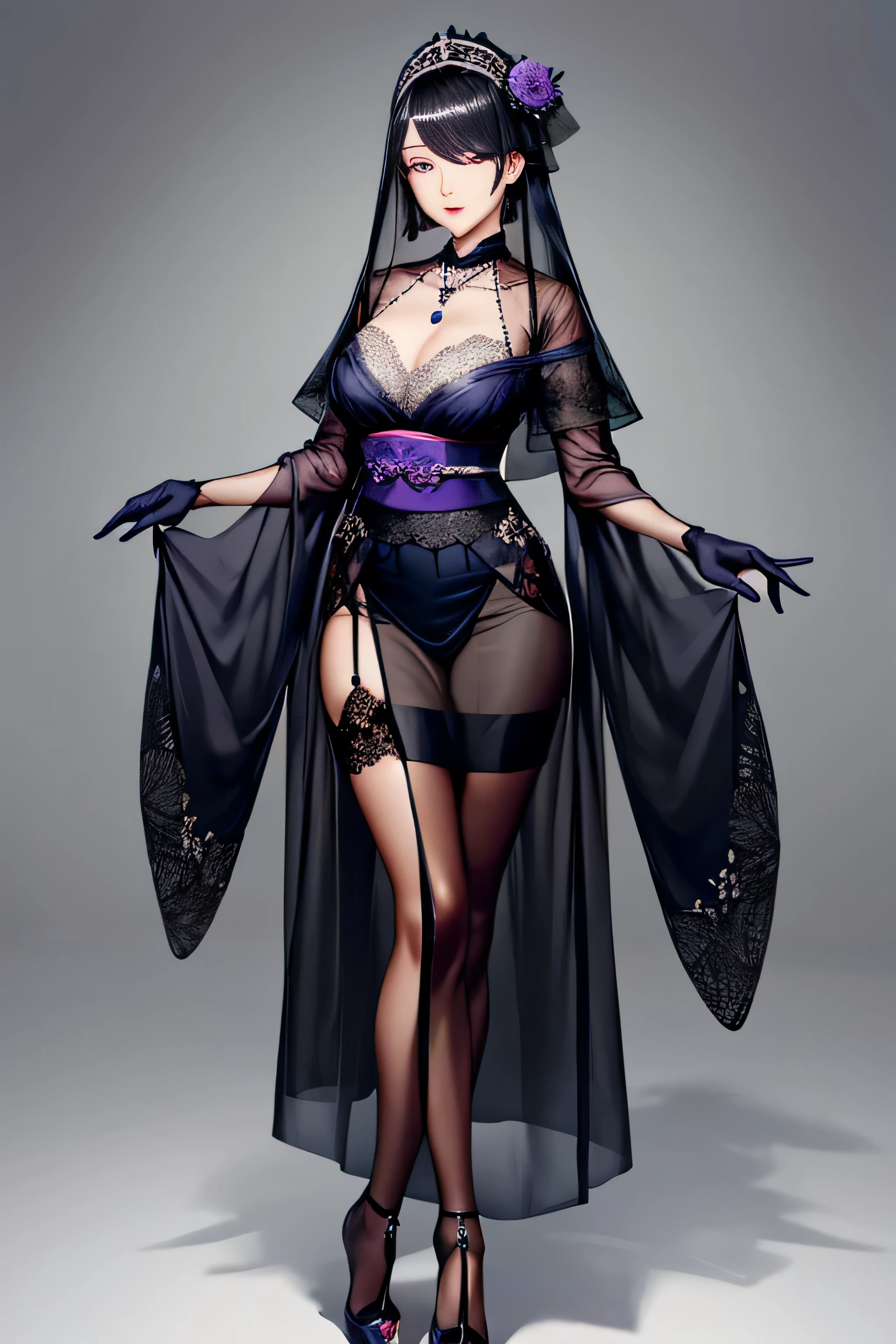 See-through,black face veil , black nylons , silk stockings ,See-throughの袴, dark purple eyes,navy blue kimono on black background ,sheer lingerie,enamel high heels,pearl necklace,,straight,lace long gloves, shortcut, hair ornaments, Japanese style room ,crossed legs,navy enamel high heels
