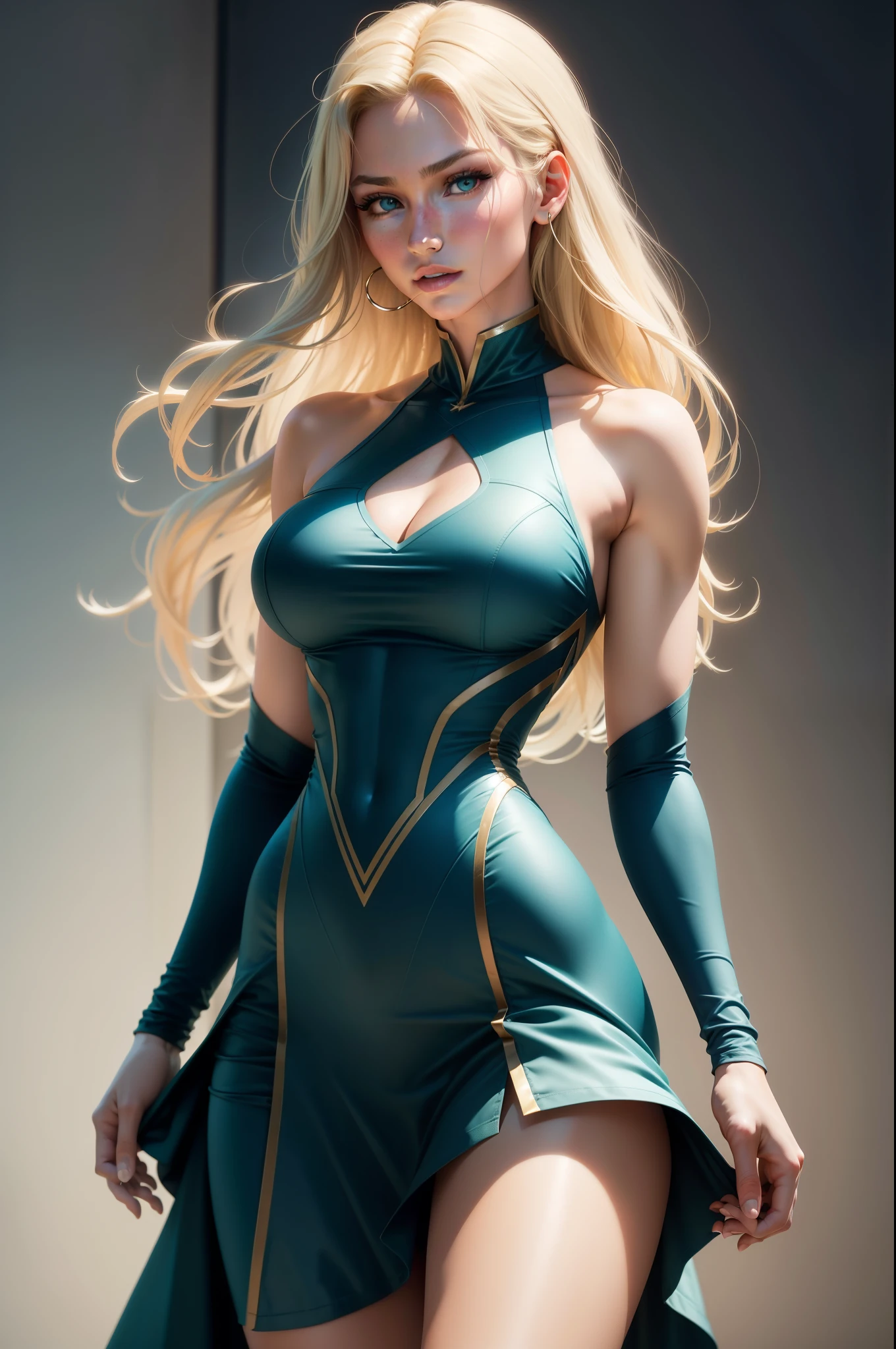 table top,highest quality,super detailed,High resolution,High resolution,4k,Portrait in 4k,8k,8k Portrait,unity 8k wallpaper,Highly detailed CG,realistic,RAW photo,real person,portrait photography,realistic,shiny skin,fine skin, Gisele Bundchen,dynamic angle,dynamic angle, dynamic angle, wide shot,height: Around 180cm,Standard height of model,hair color: bright blonde,eye color: Blue green,body type: thin and muscular,、In the modeling industry「high fashion」with「sports illustration」I've been successful in both,Have an athletic figure,Features: sharp and high cheekbones,long nose,sharp eyebrows,(((dress))),dynamic pose, (foot pose:0.5)