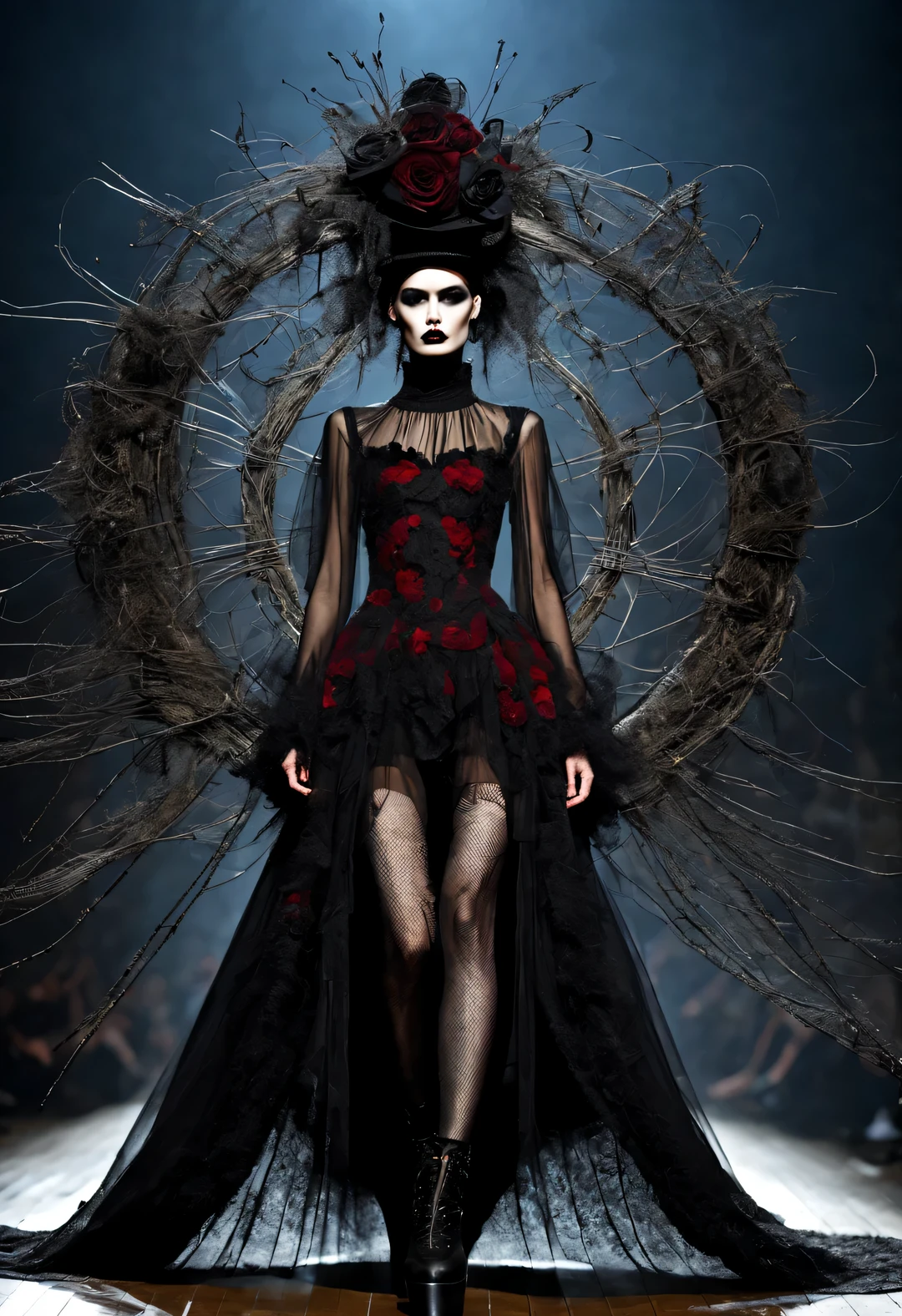 Gothic style red fashion show，darkness is always there，Beauty and warmth come from darkness，Gorgeous model，long and beautiful legs，Weird tattoos and tattoos，waste plastic，Waste wires and wires，Oversized old straw hat，gear，Decadence scent，。Alexander mcqueen is called the God of Goth， mcqueen&#39;s’ designs always have a strong flavor of gothic asceticism、this、Religion and decadence give you a heavy visual blow，Make people want to get closer.Gothic style can also be seen as a barbaric growth，Born towards the sun！Appearance reflects the ideology of the era. Makeup skips the flashy show，Go straight to the heart.，through the clothes in front of me，There are countless invisible fashions.，