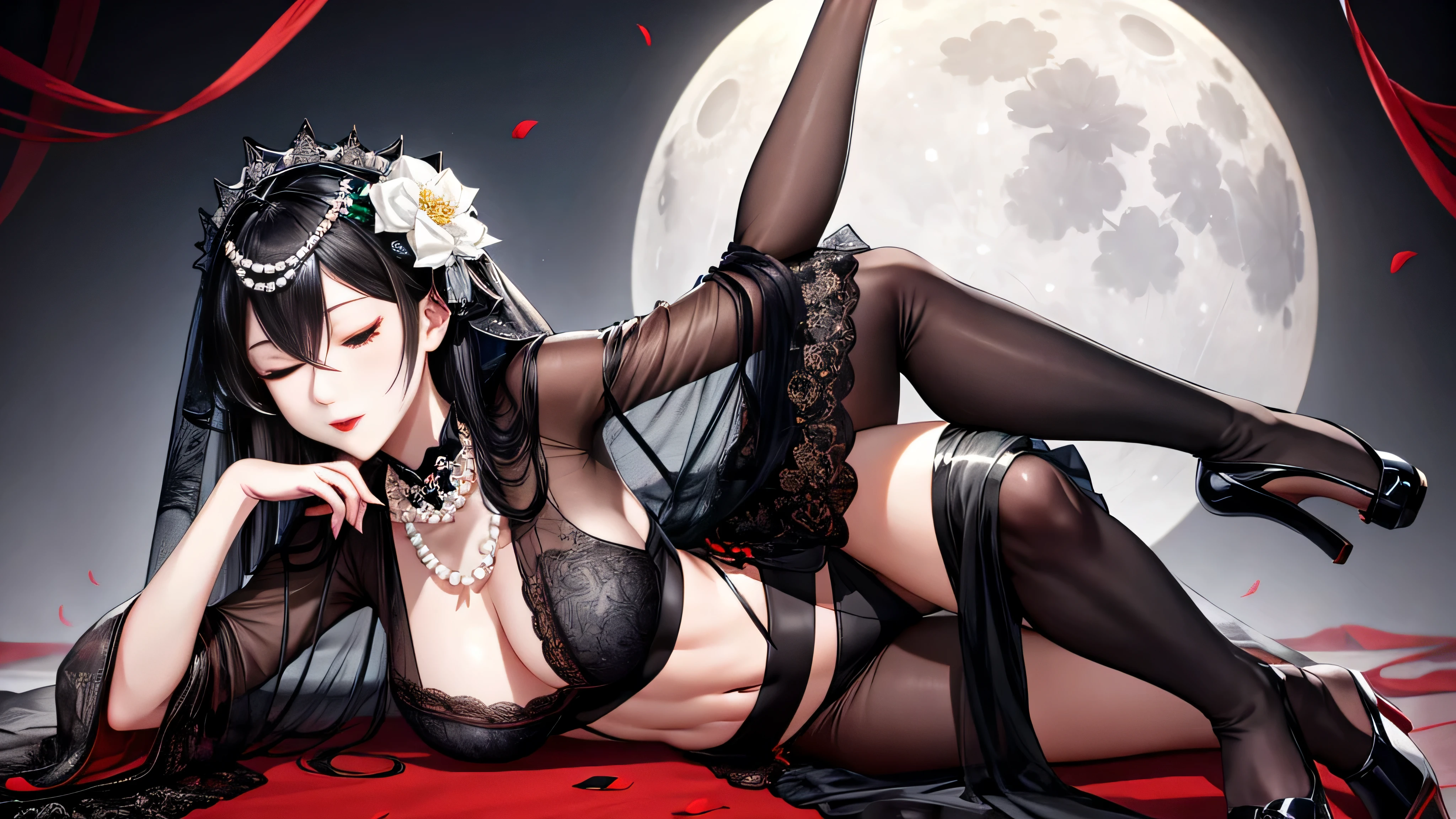 See-through,black face veil , black nylons , silk stockings ,See-throughの袴, close your eyes,transparent black kimono ,sheer lingerie,enamel high heels,pearl necklace,,straight,lace long gloves, shortcut, hair ornaments, Japanese style room ,crossed legs,stretch one leg,Bewitching,black background, masterpiece, great product, night, full moon, 1 female, mature woman, brunette hair, up style, red lips, Calm, intellectual, , hair flower, Detailed facial details, fine eyes, whole body, gray eyes, long hair, スカートを捲って
See-through,black face veil , black nylons , silk stockings ,See-throughの袴、transparent black kimono ,sheer lingerie,enamel high heels,white pearl necklace,red collar,straight,while taking off your shoes, shortcut, hair ornaments, Japanese style room