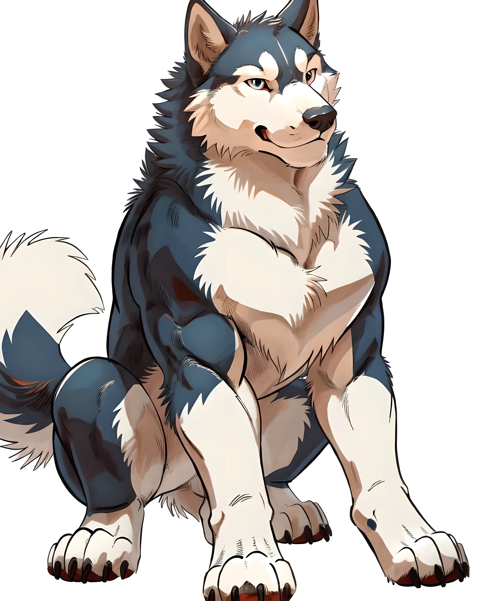 husky, masculine, male, feral husky, quadruped, feral, muscular:1.0, pectorals:1.2, wide chest, muscular chest, by negger, white background, full body, posing