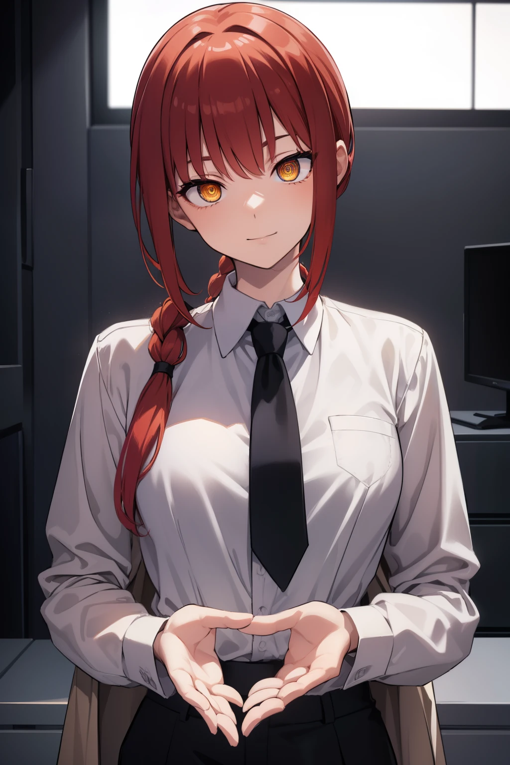 Hands, Hands, long hair, smile, bang, , (Yellow eyes:1.2), hair, Red hair, haired ponytail, eyes with rings, break shirt, long sleeves, jacket, White shirt, tie, collared shirt, trousers, black jacket, black trousers, formal, Suit, black tie, shirt tucked in, office lady, break indoors, office, break looking at viewer, break (Masterpiece:1.2), Best quality, A high resolution, unity 8k wallpaper, (Illustration:0.8), (beautiful detailed eyes:1.6), very detailed face, perfect lighting, extremely detailed computer graphics, (perfect hands, Ideal Anatomy),