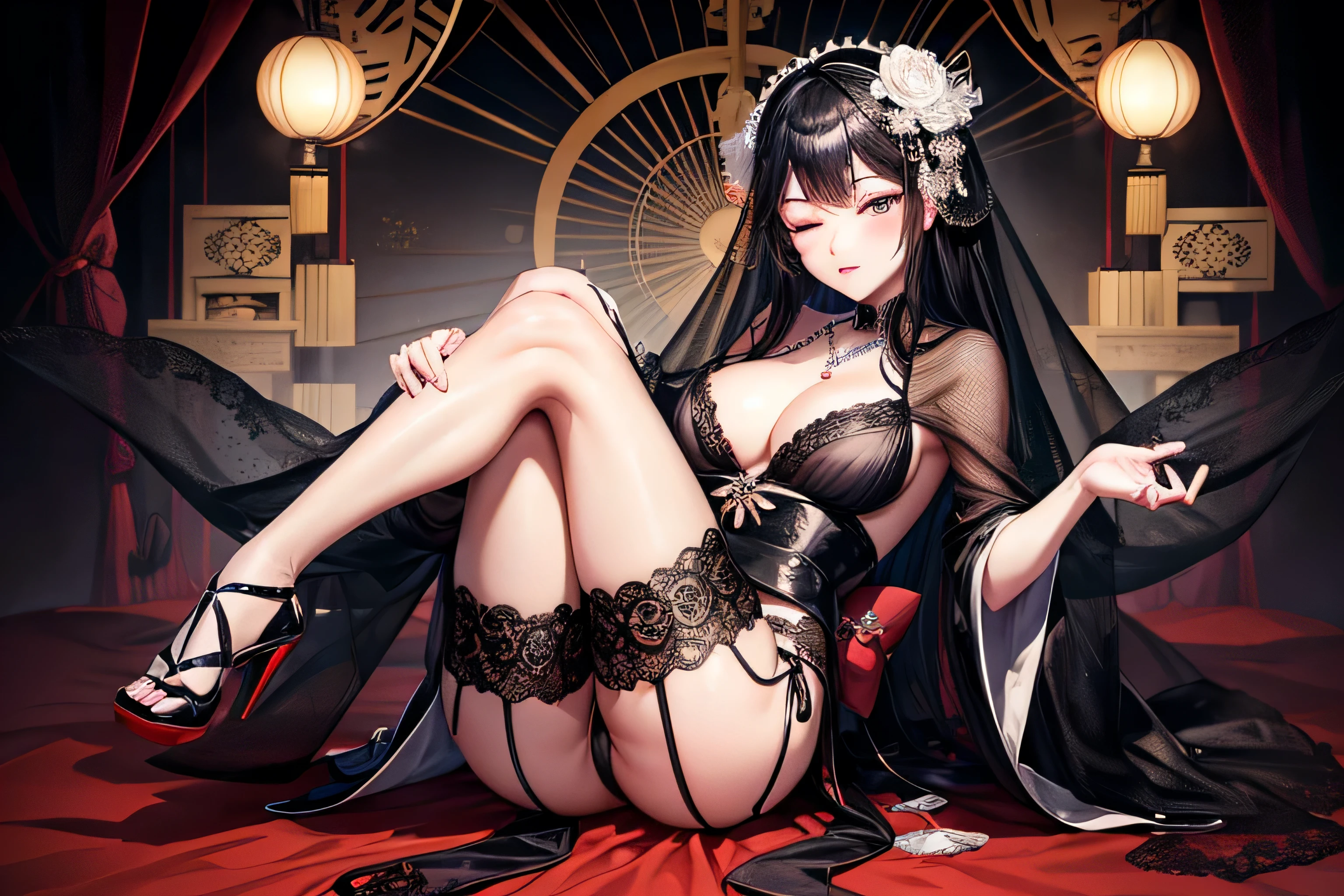 See-through,black face veil , black nylons , silk stockings ,See-throughの袴, close your eyes,transparent black kimono ,sheer lingerie,enamel high heels,pearl necklace,,straight,lace long gloves, shortcut, hair ornaments, Japanese style room ,crossed legs,stretch one leg,bewitching look