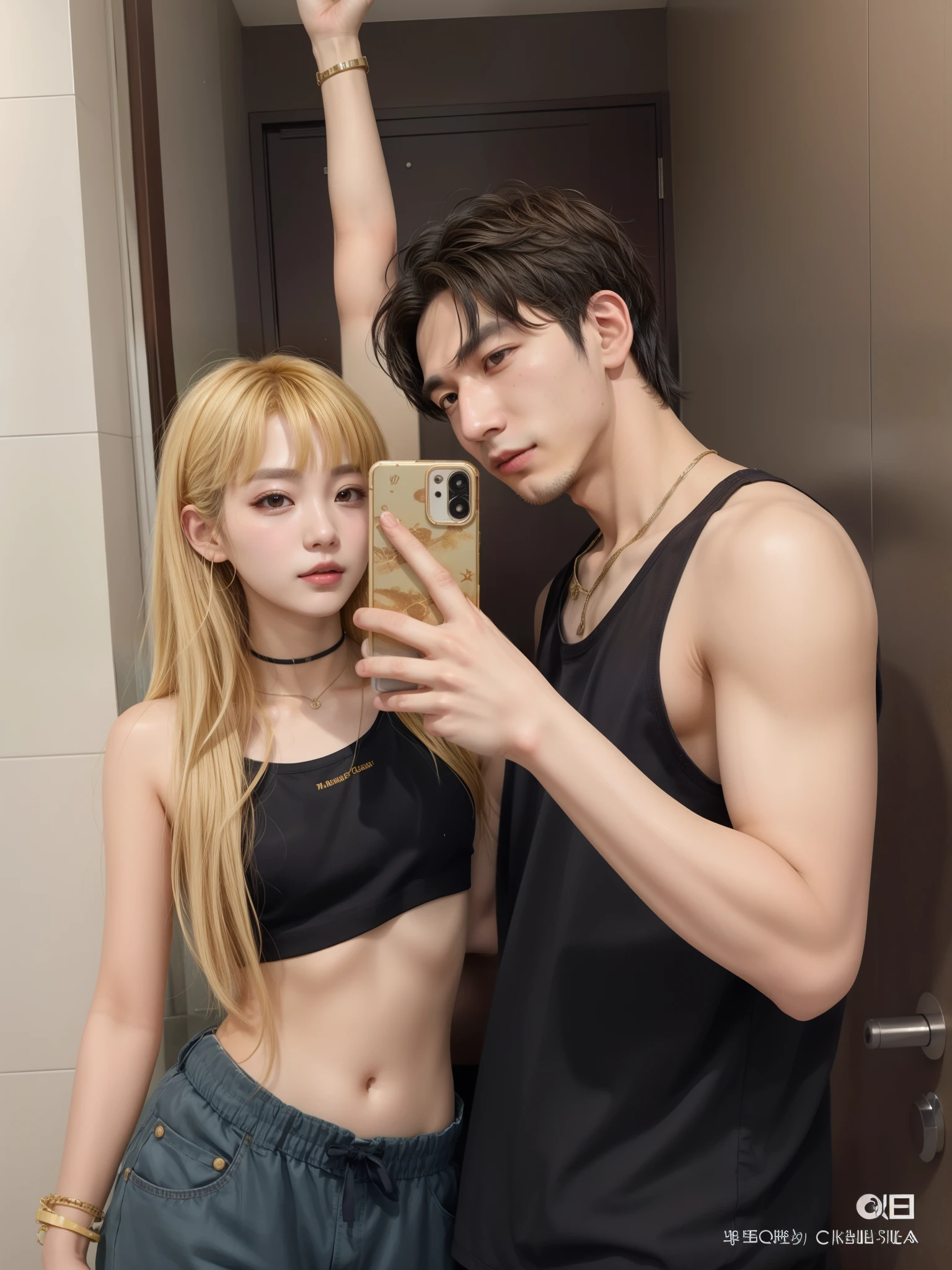 They are two people taking a selfie in a bathroom, kda y sam que, 😭🤮 💔, imagen filtrada, foto filtrada, kim taejin, cai xukun, sha xi, foto de perfil, con cabello largo, con ella larga, kda, con pelo largo y rubio, ruan jia and brom, my God, xqc, ✨🕌🌙