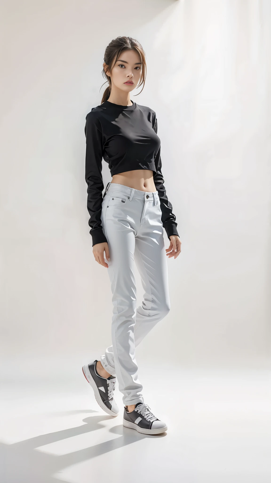 16K, Masterpiece, photorealism, A girl walks to her full height, a girl with dark long hair, a girl dressed in a white top, light jeans, white sneakers, white background,