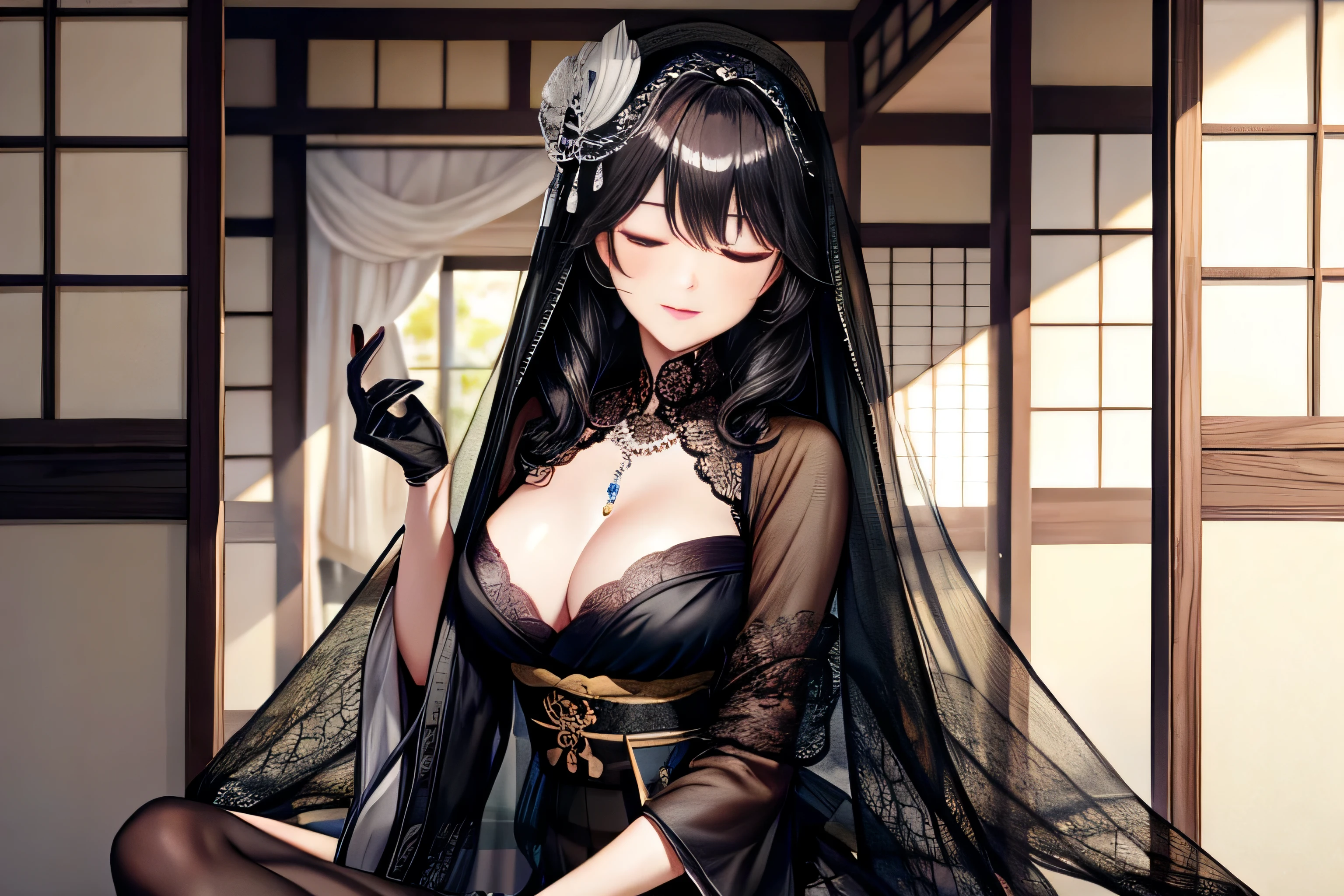 See-through,black face veil , black nylons , silk stockings ,See-throughの袴, close your eyes,transparent black kimono ,sheer lingerie,enamel high heels,pearl necklace,,straight,lace long gloves, shortcut, hair ornaments, Japanese style room ,crossed legs
